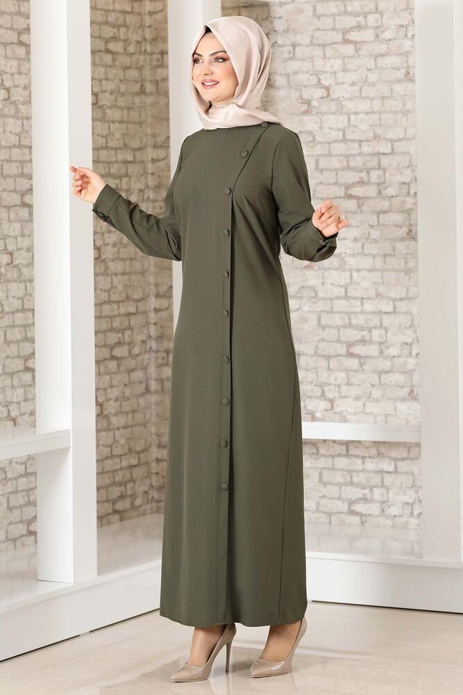 Modavitrini Abendkleid mit aus Kreppstoff Hijab Khaki Modest Hemdblusenkleid Abaya Knöpfen Fashion Kleid