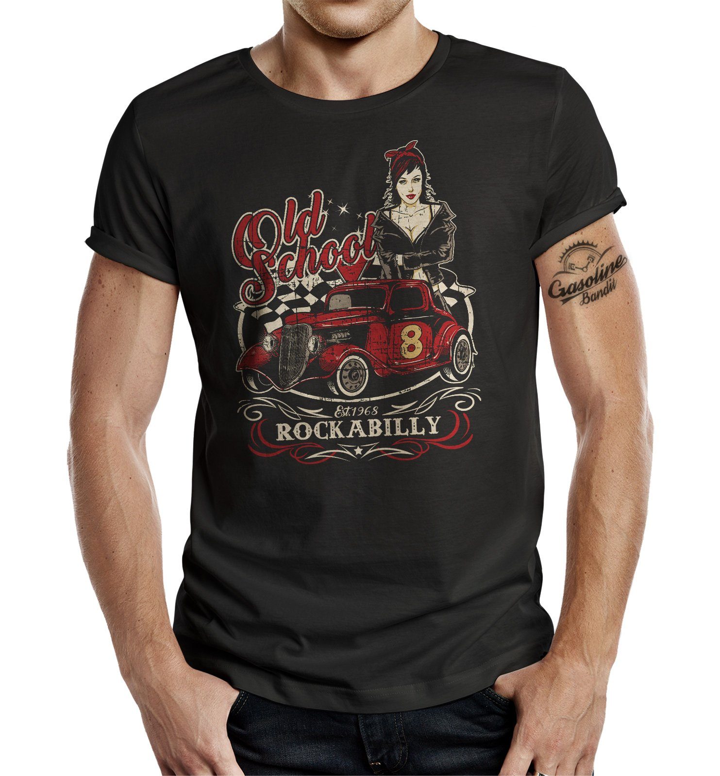 BANDIT® Racer Design: Rock Rockabilly T-Shirt Biker Original im School GASOLINE Old Hot-Rod