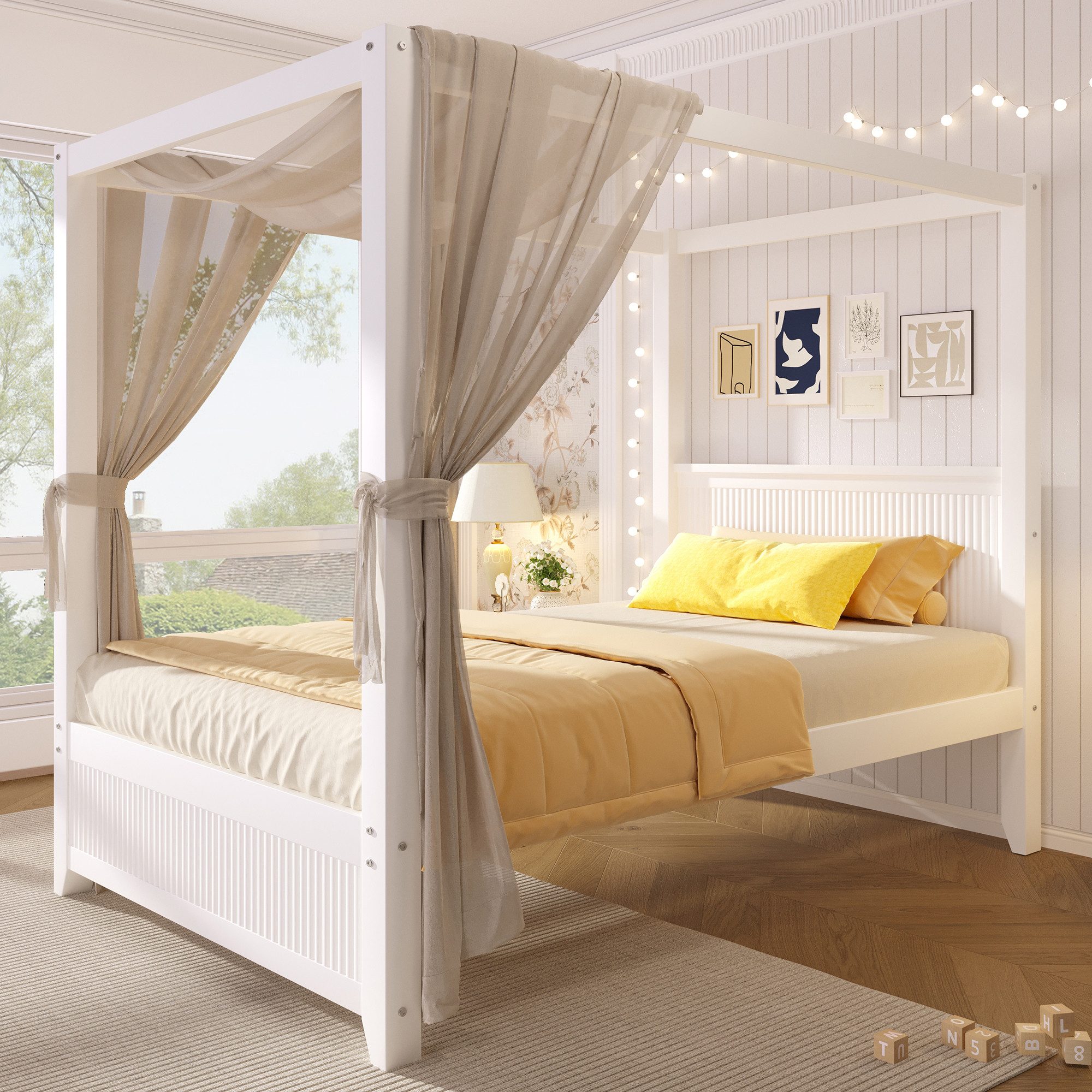 Flieks Himmelbett, Holzbett 90x200cm mit Lattenrost und dekorativem Dachrahmen