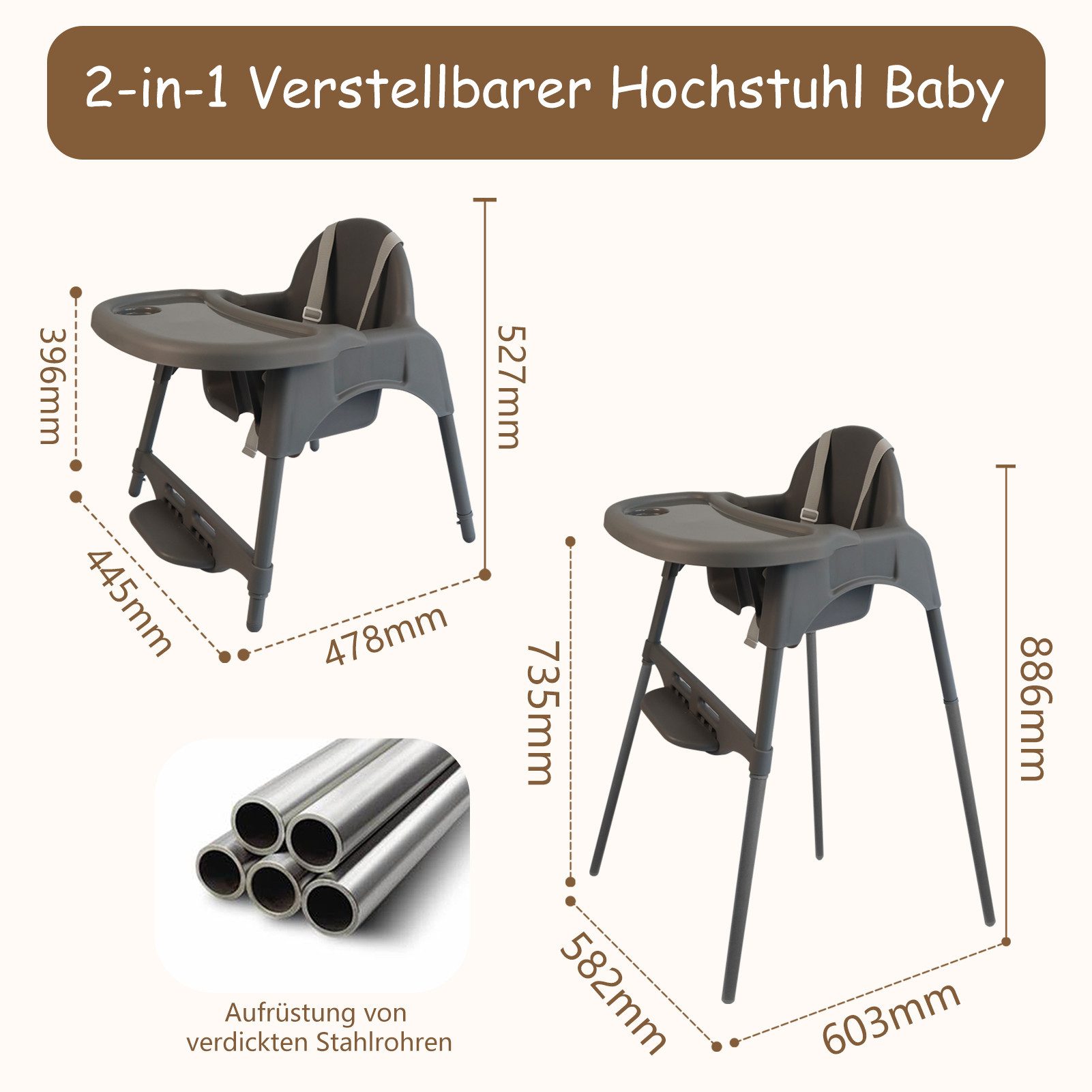 Yalion Kinderstuhl mit Tablett, Baby Essstuhl von 6-36 Monaten, max. 15 kg