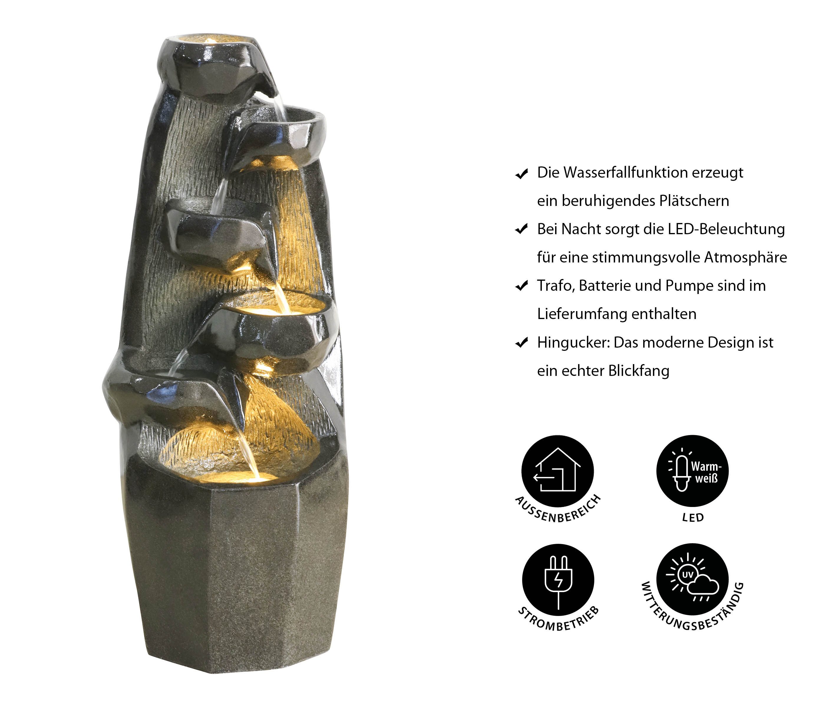 Dehner Gartenbrunnen Cala, mit warmweißer LED-Beleuchtung, ca. 35 x 91 x 34 cm, Polyresin, 35 cm Breite, säulenförmiges Wasserspiel aus Kunststein inkl. Pumpe und Trafo