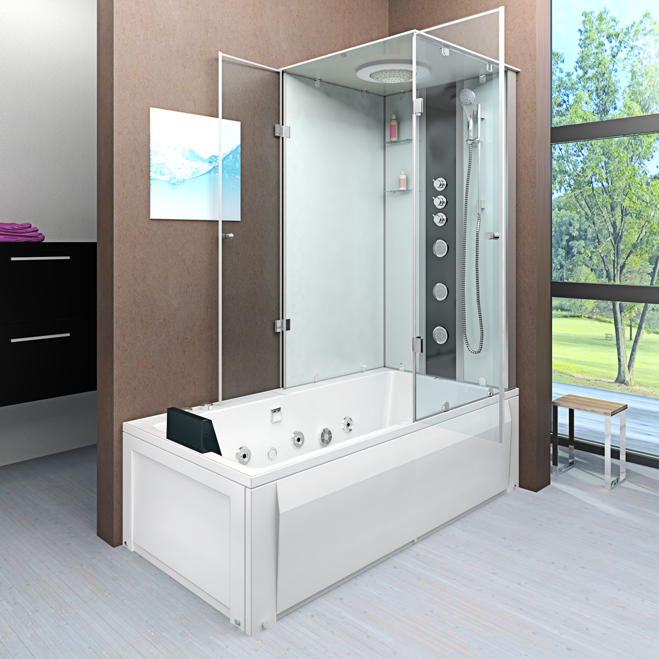 AcquaVapore Grossraumdusche Whirlpool Dusche Kombination K05-L02-WP 180x90 cm, Sicherheitsglas ESG, Integrierte Massagedüsen, Nackenstütze, Whirlpool Jets