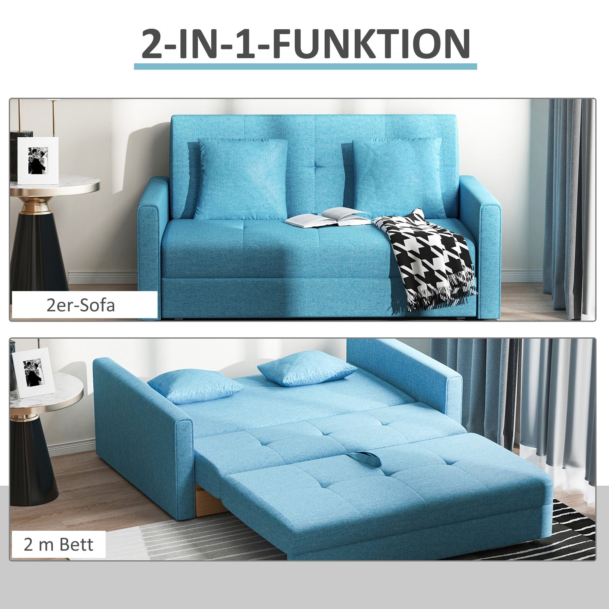 HOMCOM Schlafsofa Sofa mit für Polycotton, 2-Sitzer mit Bettfunktion, Stauraum, 1 Schlafcouch, Holz Zweistizer Sofa Wohnzimmer, Teile