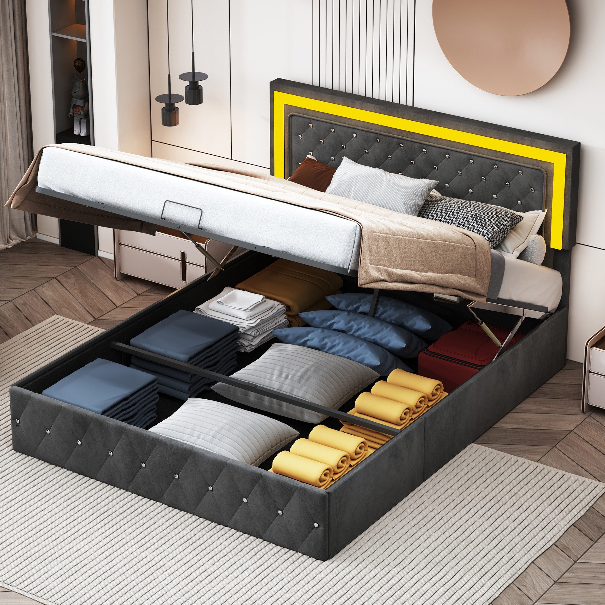 FUROKOY Polsterbett Doppelbett Stauraumbett Hydraulisch anhebbarer günstig online kaufen