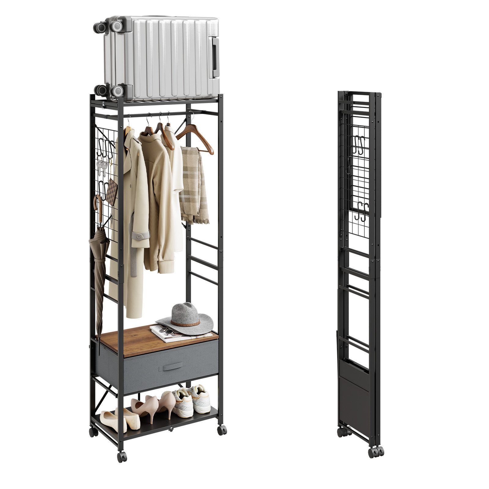 SoBuy Kleiderständer KLS23, Garderobenständer mit Rollen und Schublade, Aufbewahrungsturm, (1er Set), Stabil bis 45 kg, höhenverstellbare Stange, Gitternetz für Accessoires