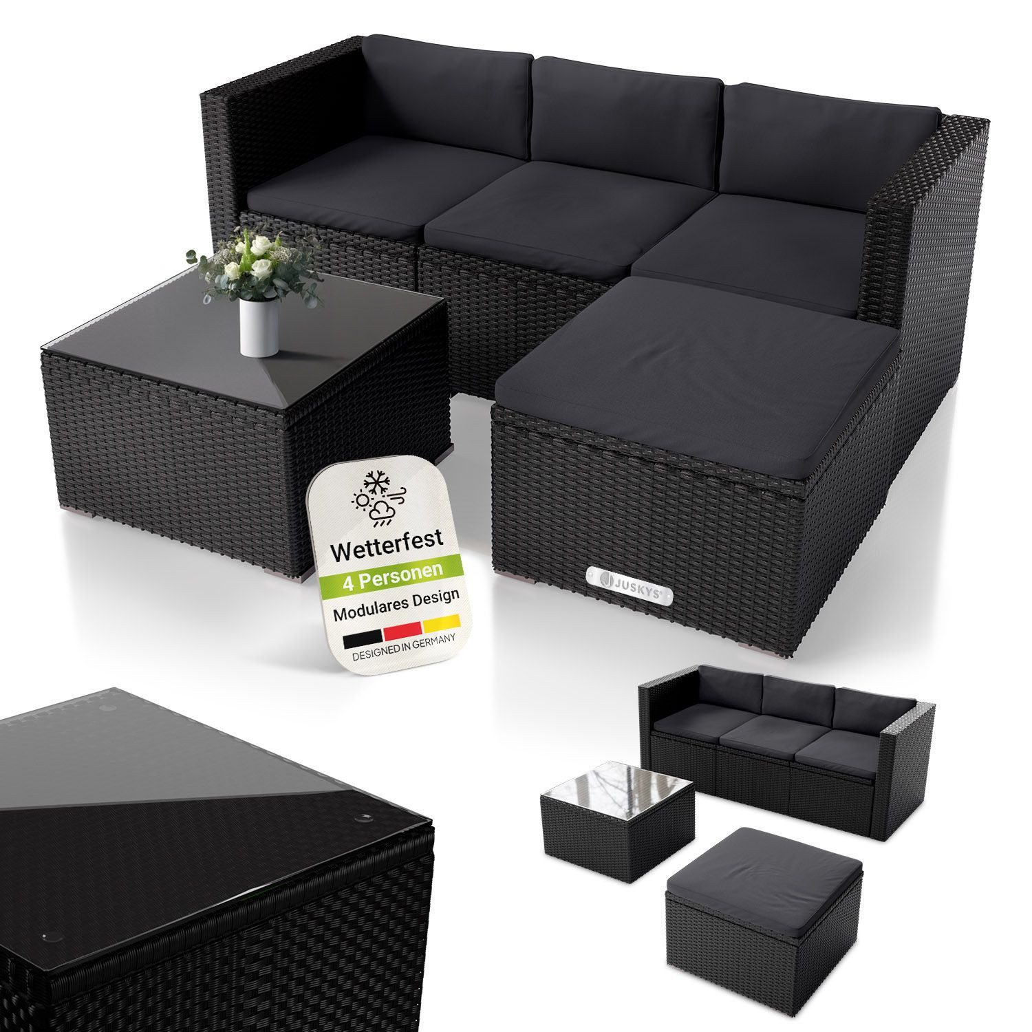 Juskys Gartenlounge-Set Punta Cana, (Set, Sitzgruppe), Polyrattan Sitzgarnitur mit 1 Tisch, 1 Sofa und 1 Hocker