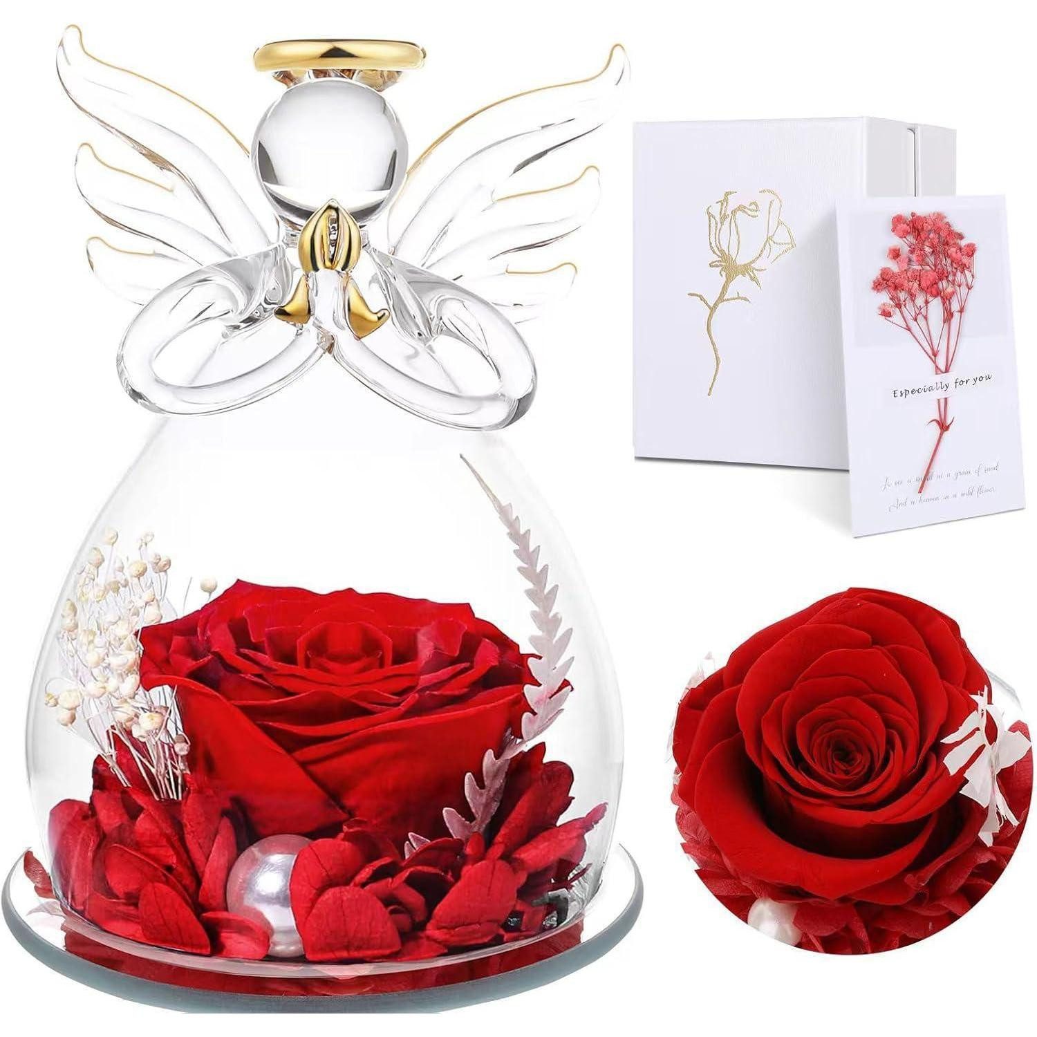 Trockenblume Ewige Rose Glaskuppel Engelsfigur Geschenk Mama Engel-rot, LuxusKollektion