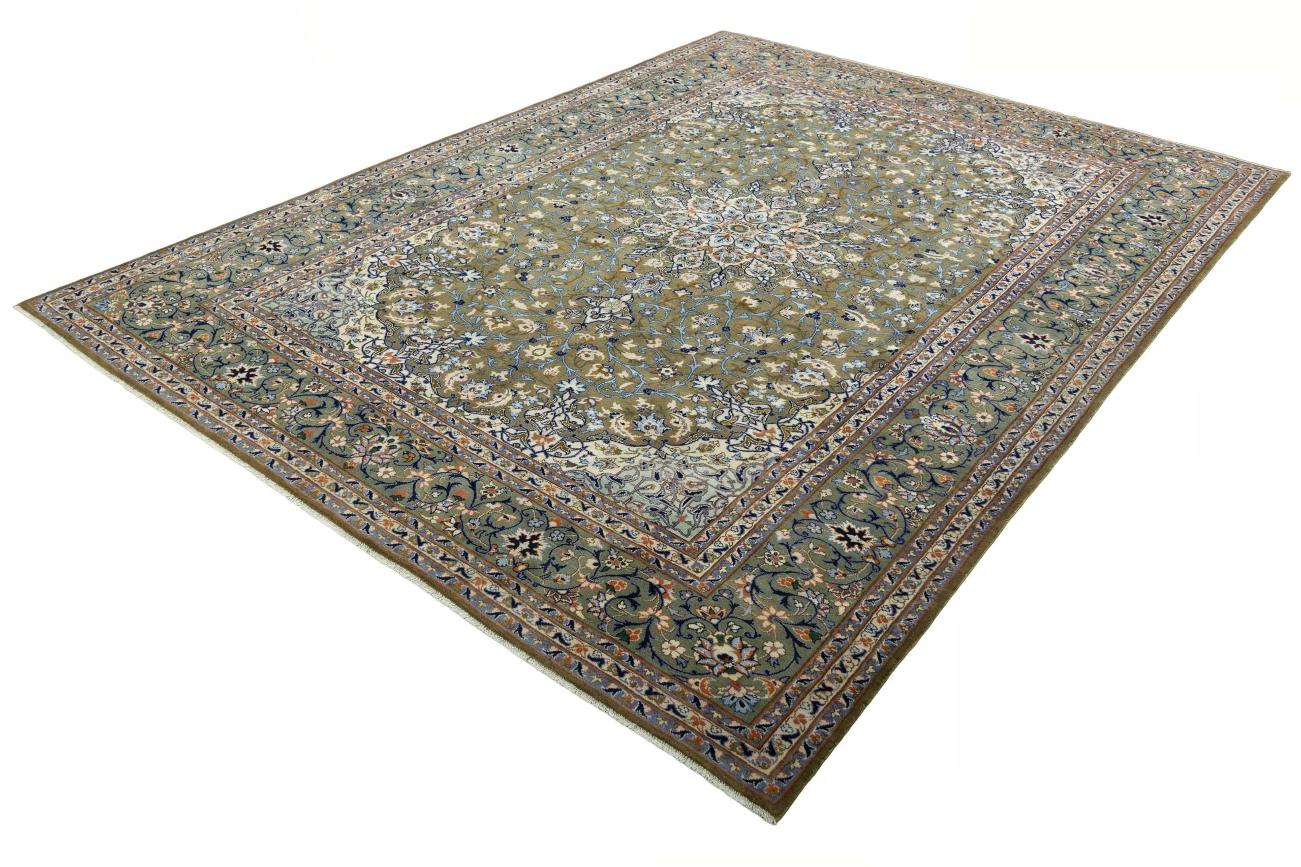 CABBEL Orientteppich 413x302 cm Perser Kashan Grün Schurwolle Handgeknüpft Klassisch Unikat, rechteckig, Höhe: 9 mm, 100% Schurwolle – weich, pflegeleicht, solide Knüpfdichte