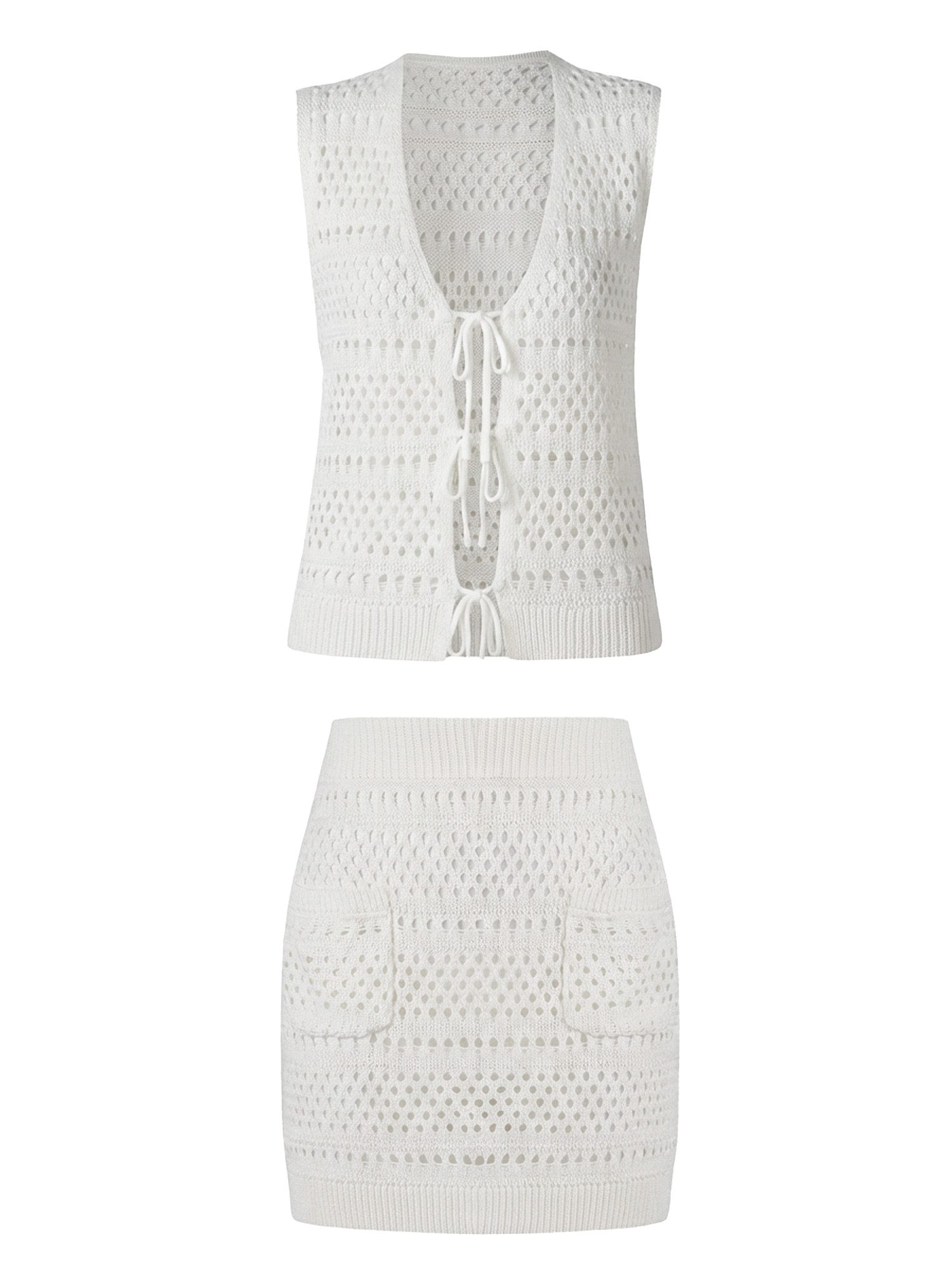 Imily Bela Hausanzug Damen Gehäkeltes Strandkleid 2-teiliges Set (Set, 2 tlg., Ärmelloses Crop-Top mit V-Ausschnitt + Minirock) einfarbig