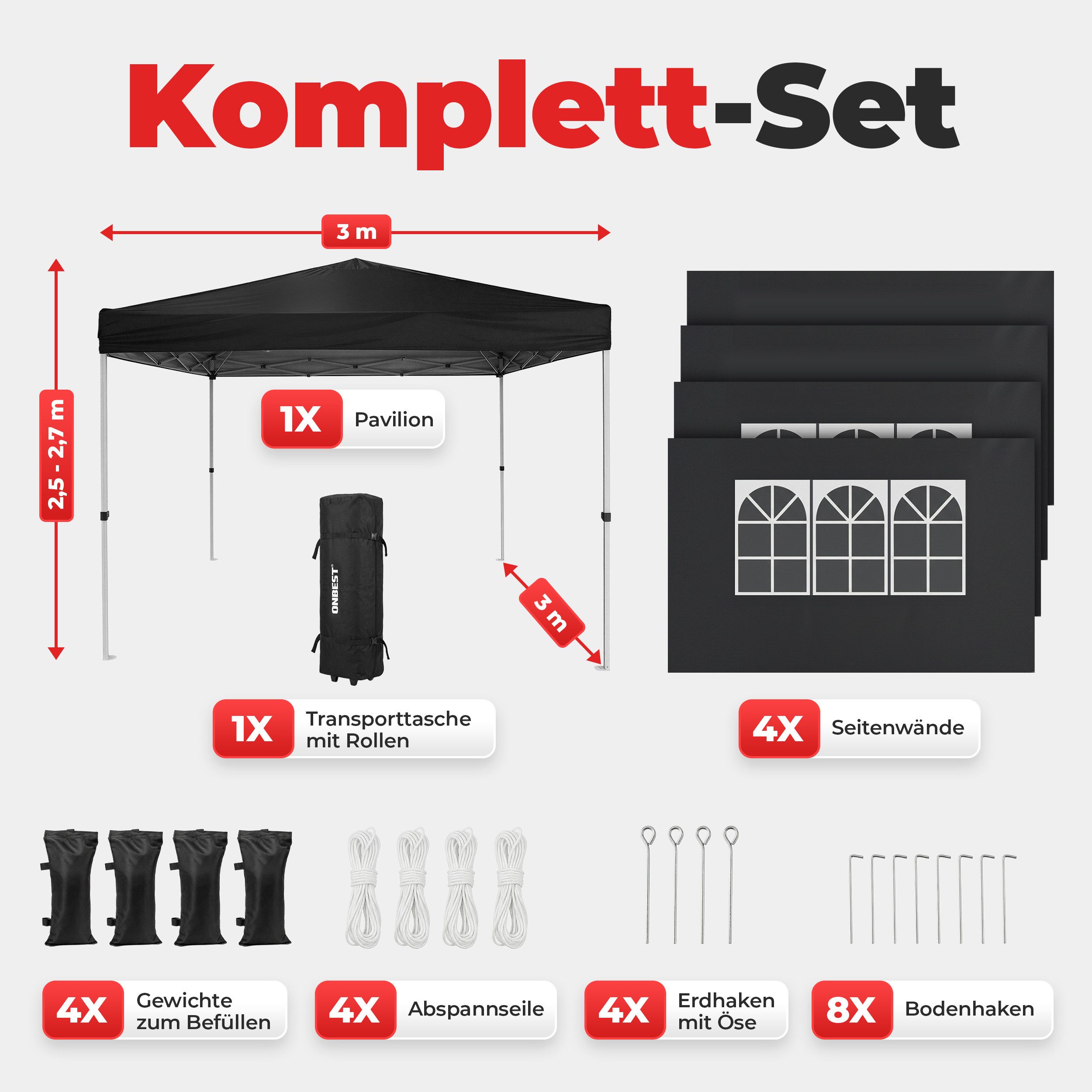 Onbest Pavillon Partyzelt Faltpavillon, patentiertes Quick-Up Aufbau in 1min, 3x3 m, mit 4 Seitenteilen, mit 4x Sandsäcke, 100% Wasserdicht, UV50+, mit Trolley – Bild 3 von 5
