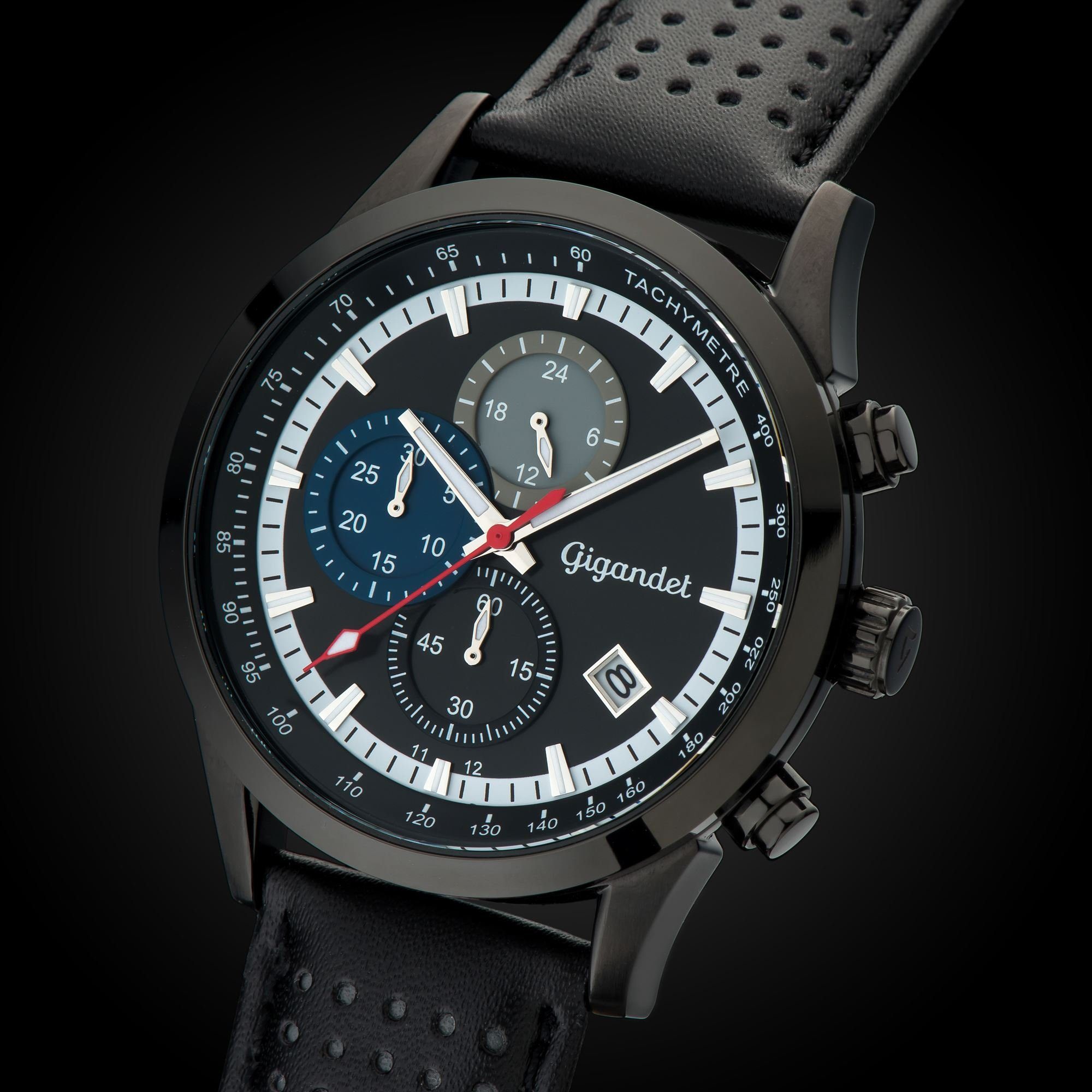 Gigandet Chronograph Armbanduhr, Herrenuhr, 24-Std. Anzeige, 43mm, COMPETITION G17-003, Mineralglas, Datumsanzeige, Lederband, 10bar/100m wasserdicht
