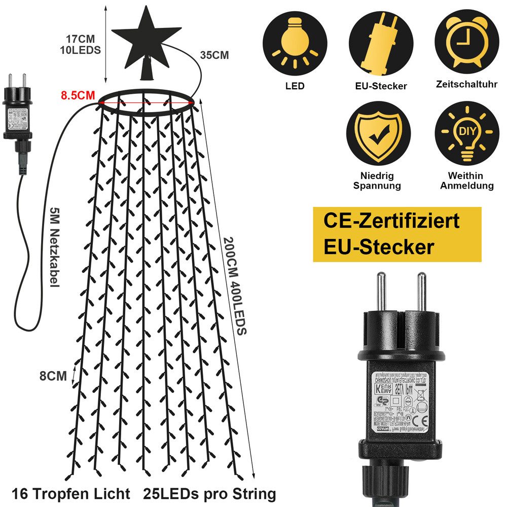 Rosnek LED-Lichtervorhang 31V, 16 Stränge, Stern-Topper, 8 Modi, Timer, für günstig online kaufen