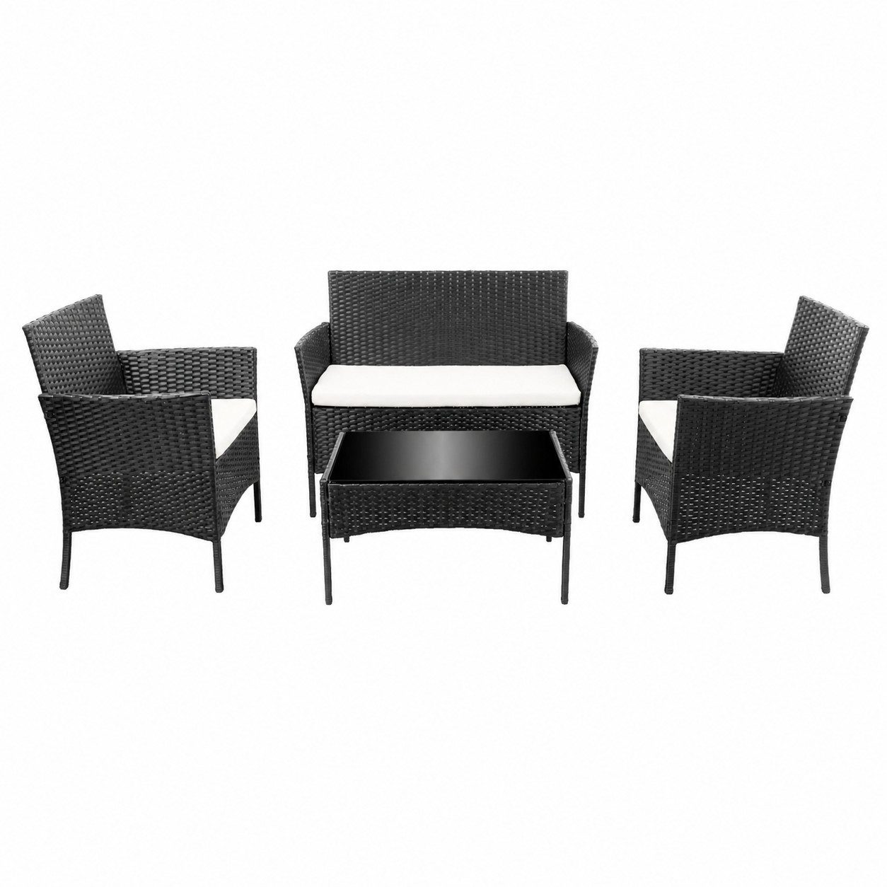 Furnify Gartenlounge-Set STEINHOF 4-teilig Gartenmöbel Set mit Sofa, 2 Sesseln & Glastisch, (Set, 4-tlg., Sofa, 2x Sessel, 1x Tisch, Sitzkissen), Mit Sitzkissen inklusive
