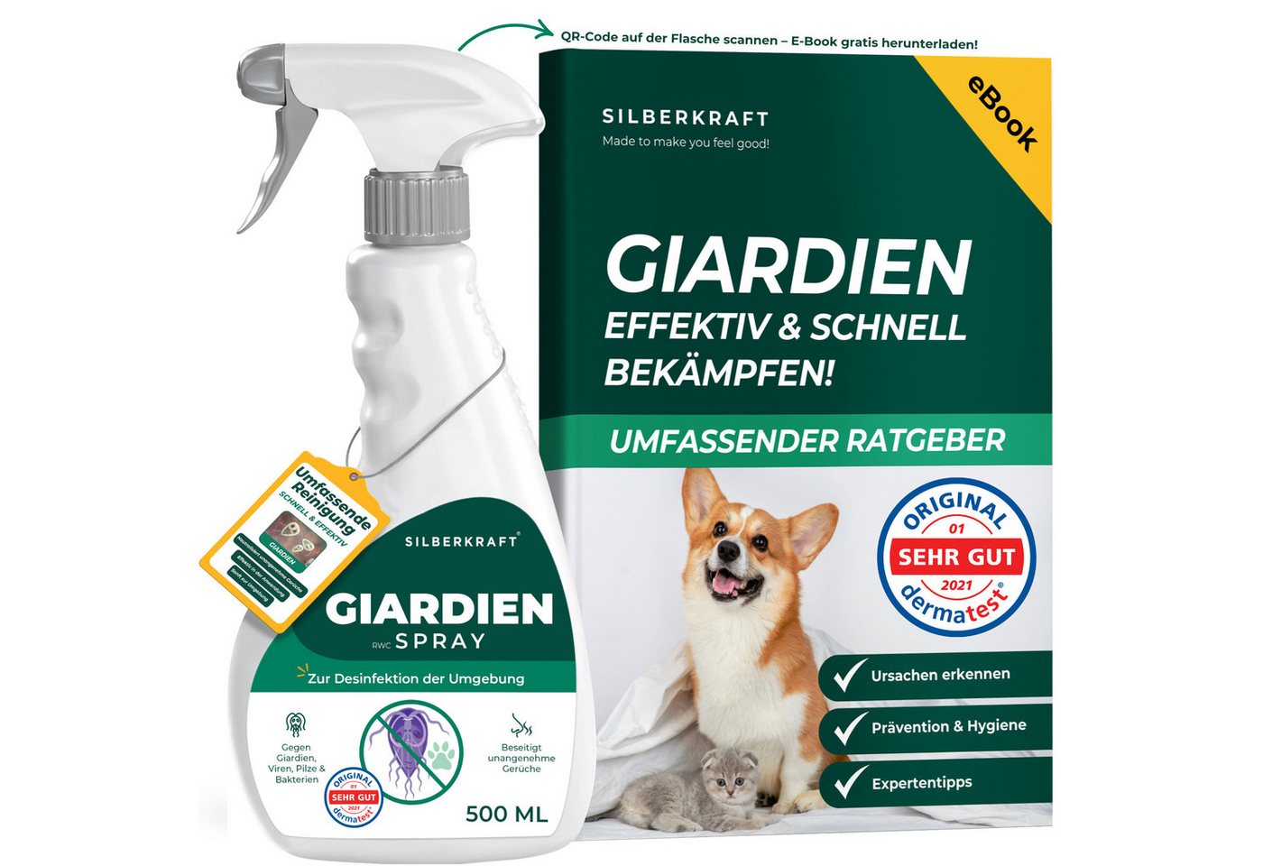 Silberkraft Giardienspray – Gegen Giardien, Viren, Bakterien & Pilze inkl. E-Book Oberflächen-Desinfektionsmittel (tiergeeignet, geruchsneutral, für Oberflächen & Textilien, Alkoholfrei, [1-St. Spray gegen Giardien & Keime Hygienereiniger für Hund & Katze