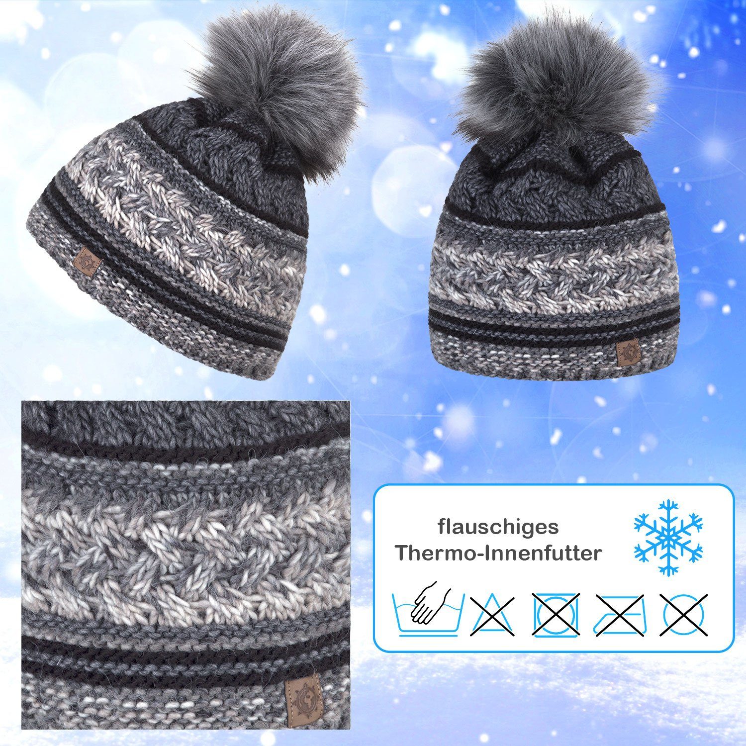 compagno Bommelmütze (1-St) Bommelmütze Wintermütze Damen mehrfarbig Fleecefutter Beanie