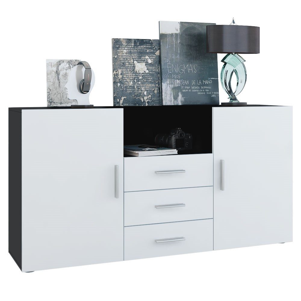 Vladon Sideboard Skadu (Kommode, mit 2 Türen, 3 Schubladen und 1 offenem Fach), Schwarz matt/Weiß matt (138,5 x 71,5 x 35 cm)