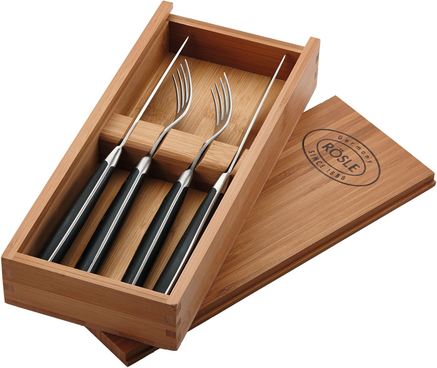 RÖSLE Steakbesteck (4-tlg), 2 Personen, Edelstahl, Kunststoff, Set mit 2 Steakmessern und 2 Steakgabeln, inkl. praktischer Holzbox