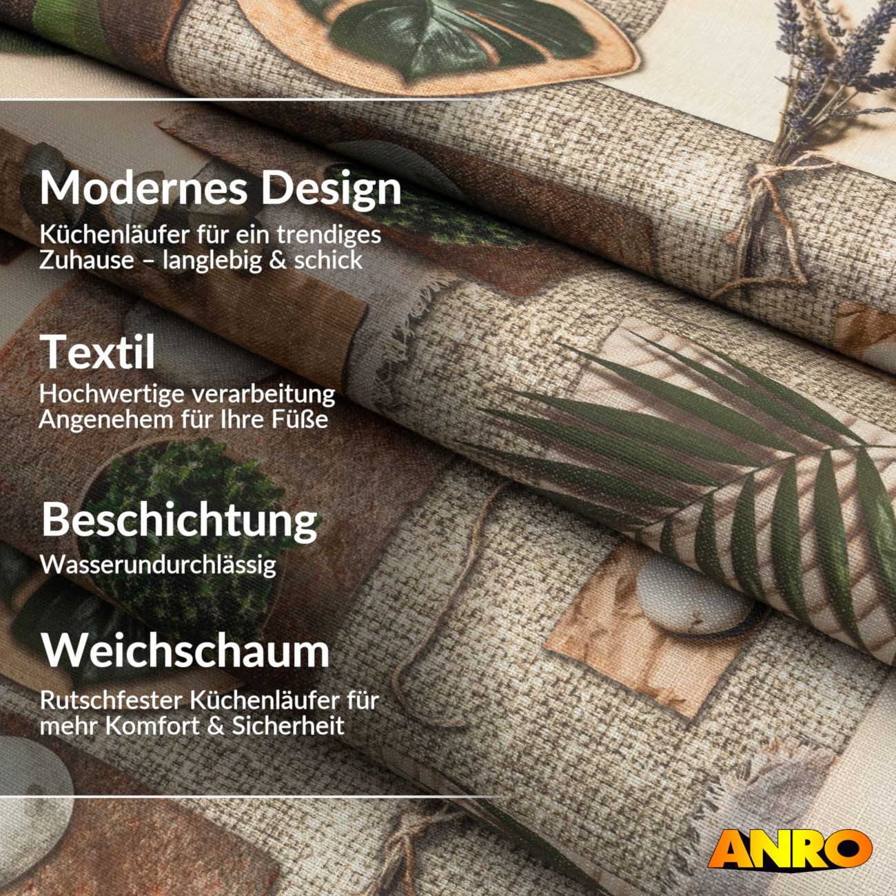 ANRO Küchenläufer Premium Terra Botanica RANNA Läufer Küchenteppich Stoff-Teppich, Rechteckig, Höhe: 3 mm, Stoff schmutzabweisend 67x100cm Industrie Beige robust