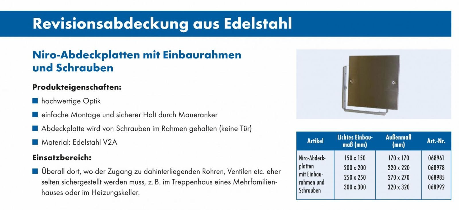 Marley Deutschland GmbH Wandfliese Niro - Abdeckplatte Edelstahl 200x200mm, Edelstahl V2A 0x0, weiß, für Wand- und Deckenmontage geeignet