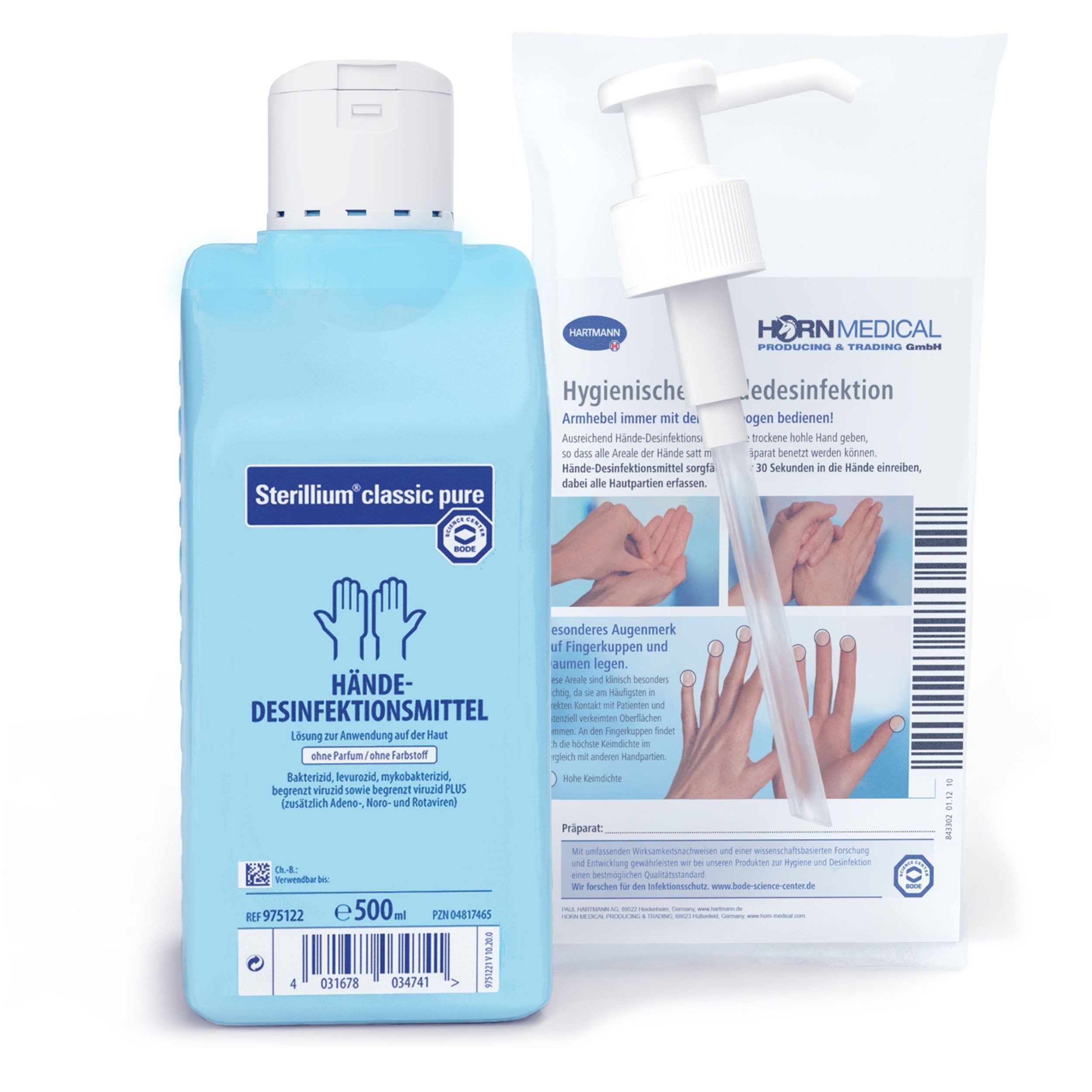 Horn Medical Horn Medical Dosierpumpe mit Sterillium classic pure 500ml Hand-Desinfektionsmittel (Spar-Set, [- bekannt & bewährt Farbstoff- und parfümfrei auch für empfindliche Haut)