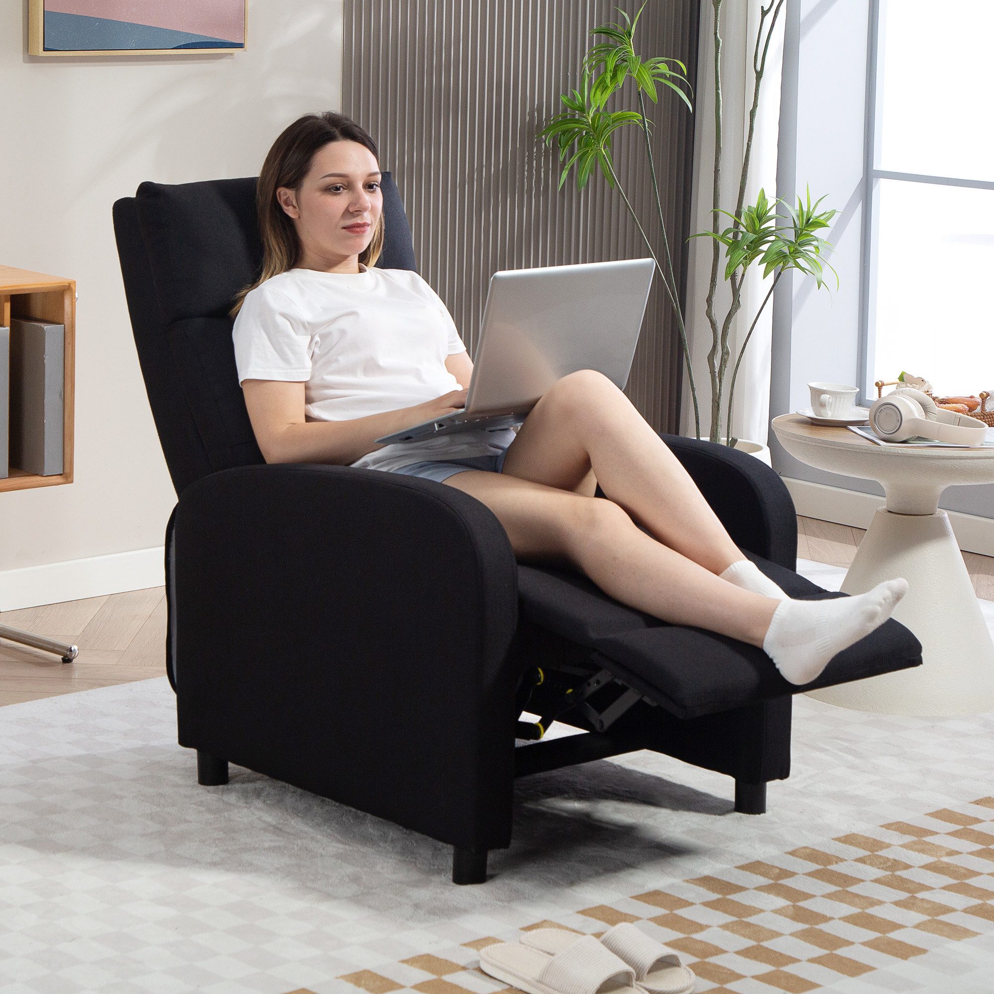 HOMCOM Relaxsessel Liegesessel mit Leinenoptik und Taschenfederkern, Ruhesessel (TV-Sessel, 1-St., Fernsehsessel mit Liegefunktion), bis 150 kg belastbar für Wohnzimmer, Schwarz