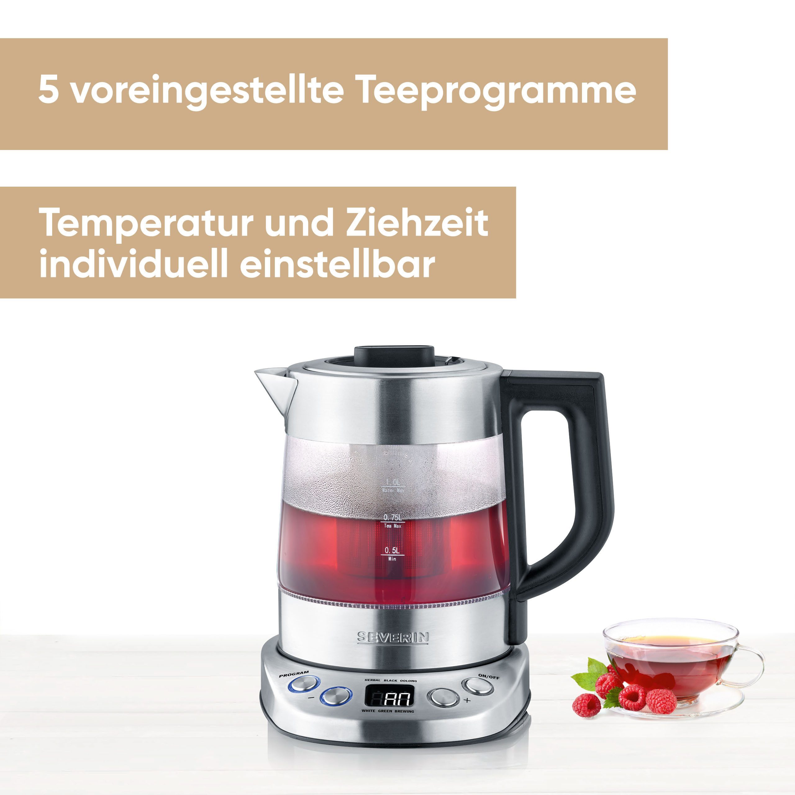 Severin Wasser-/Teekocher WK 3473, 2200 W, bis zu 1 l Wasser oder 0,75 l Tee, mit Teesieb, inkl. 5 Teeprogrammen