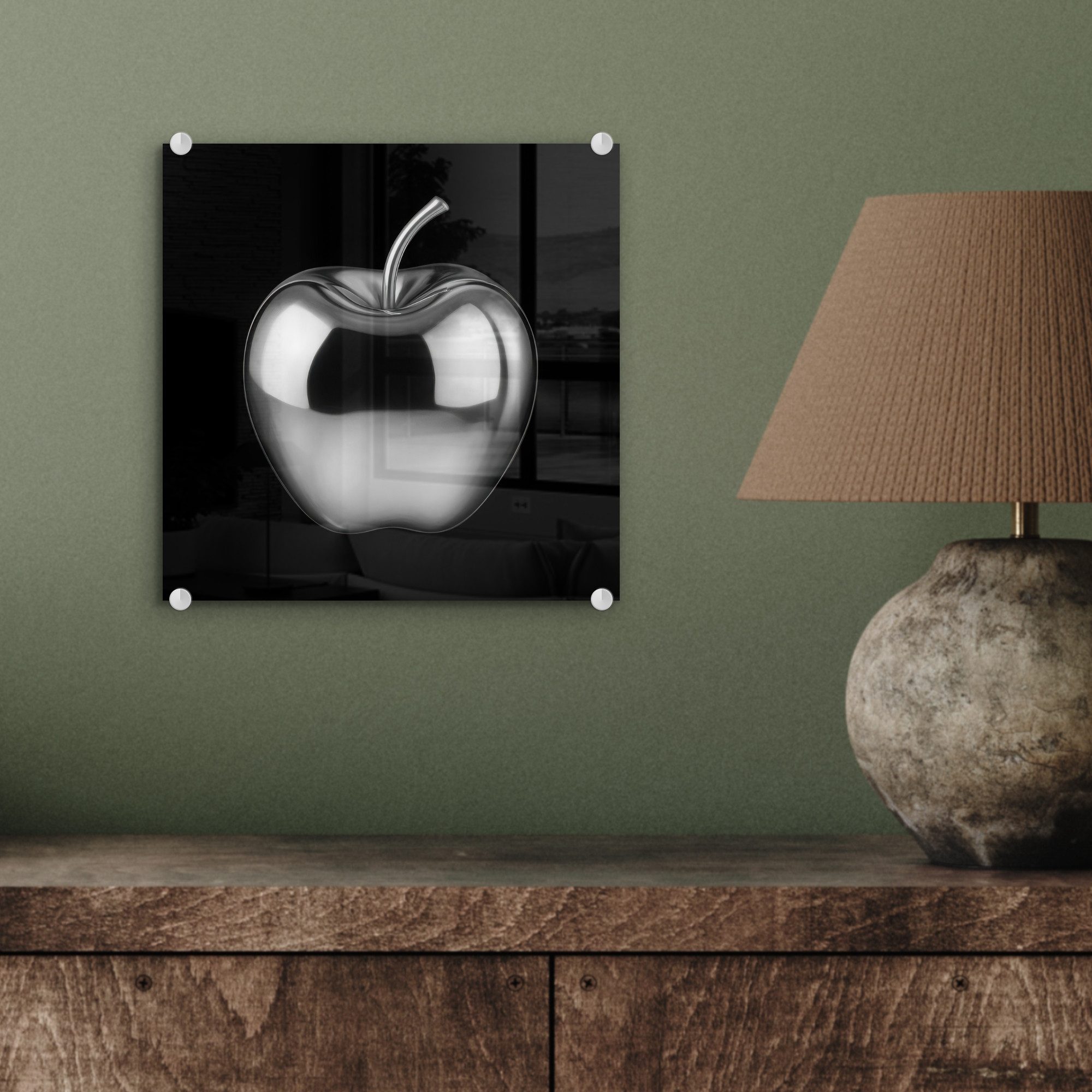 MuchoWow Acrylglasbild Apfel - Metallisch - Symmetrisch, Inkl. Aufhängung, Bilder auf Glas Wandbild, Wanddeko Wohnzimmer Badezimmer, 20x20 cm – Bild 4 von 5