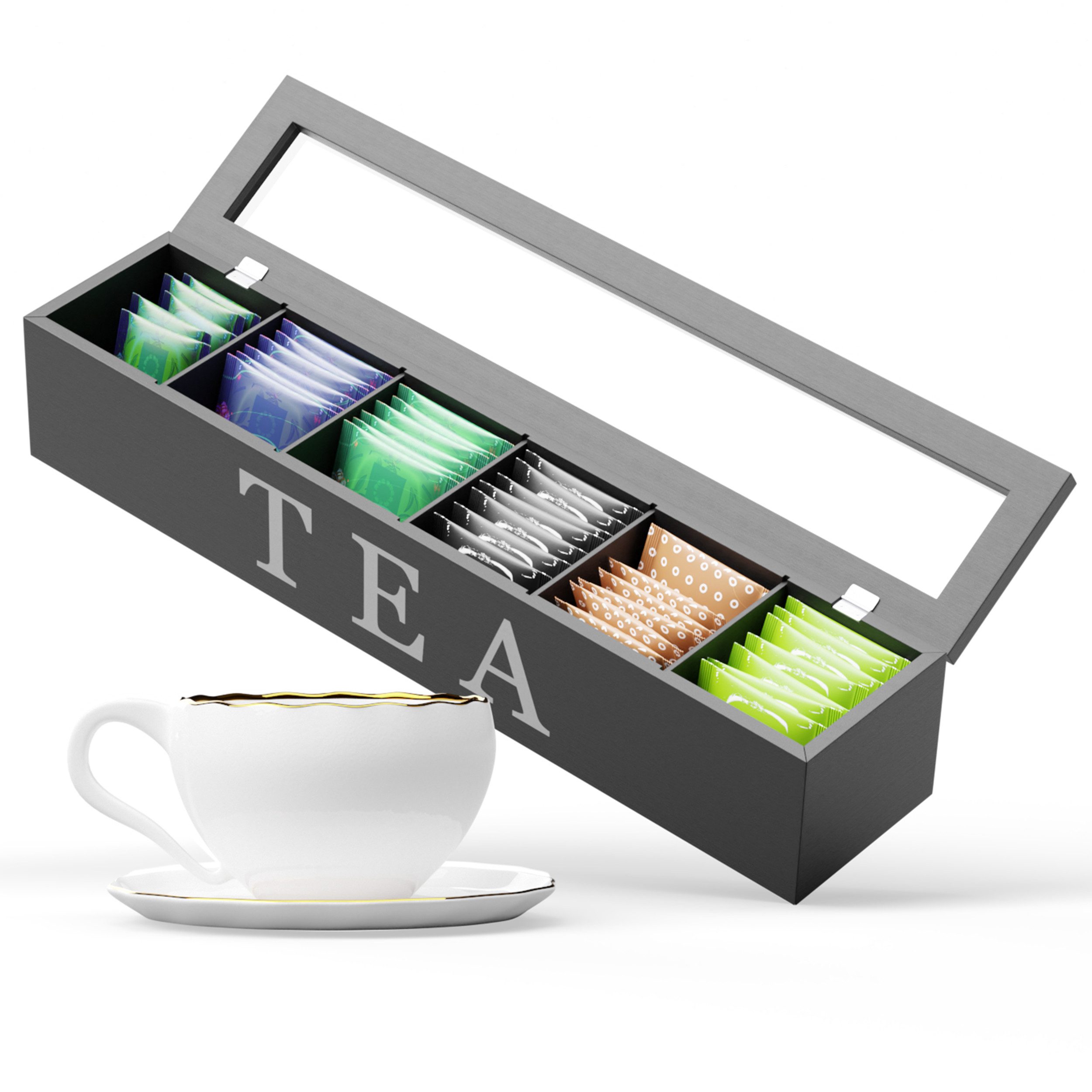 Oramics Teebox Teekiste mit 6 Fächern im edlen schwarzen Holzdesign Teebeutelbox, Holz, (Die Box eignet sich perfekt zum Aufbewahren und Сортування, 1-tlg., Teekasten aus robustem, lackiertem Holz mit silberner Aufschrift), Die Tee Aufbewahrungsbox ist ein Muss für jeden Teekenner