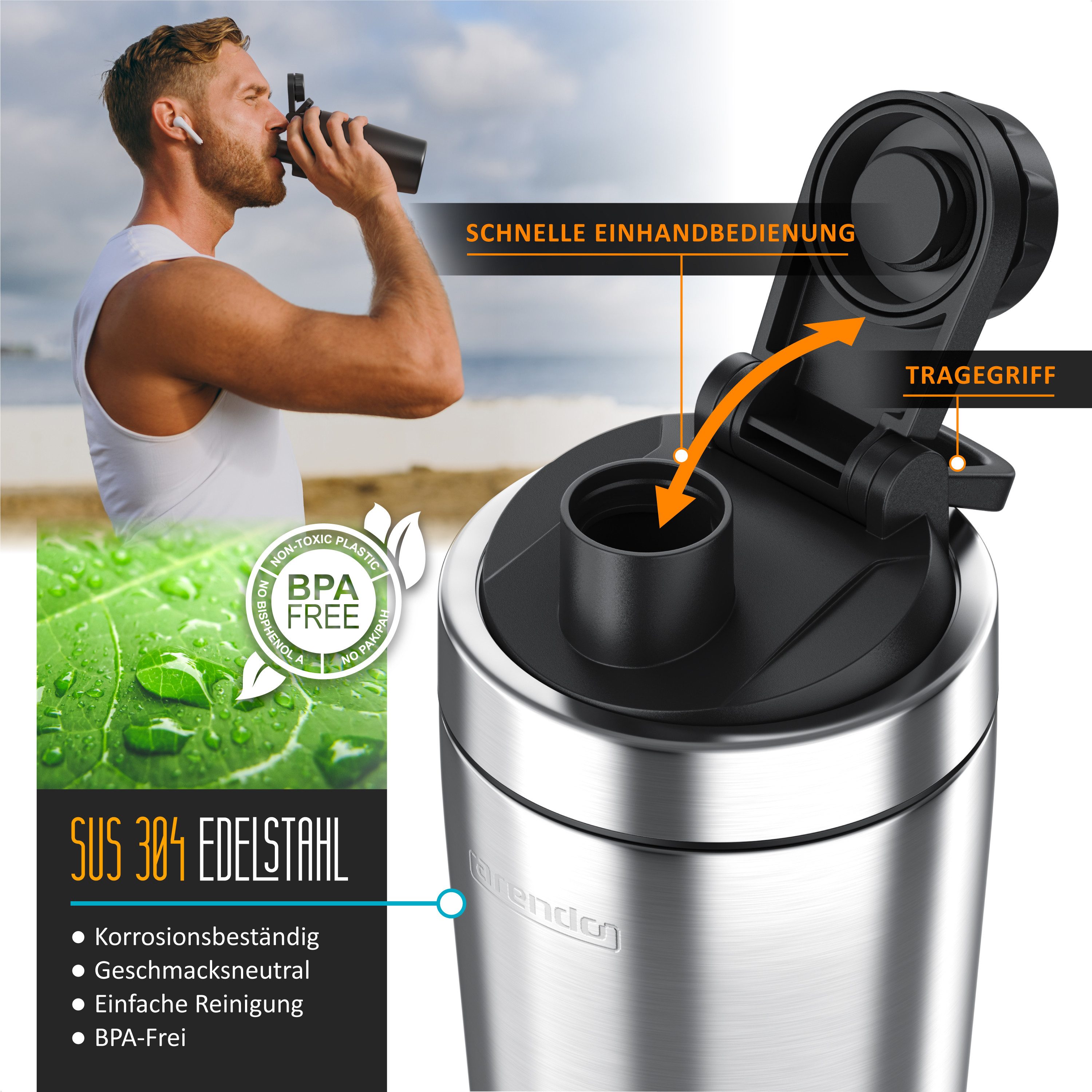 Arendo Protein Shaker Edelstahl Eiweißshaker 500 ml, verschließbar, bruchfest, BPA-frei, Edelstahl, (1-tlg), auslaufsicher, spülmaschinengeeignet, mit Tragegrif – Bild 3 von 5