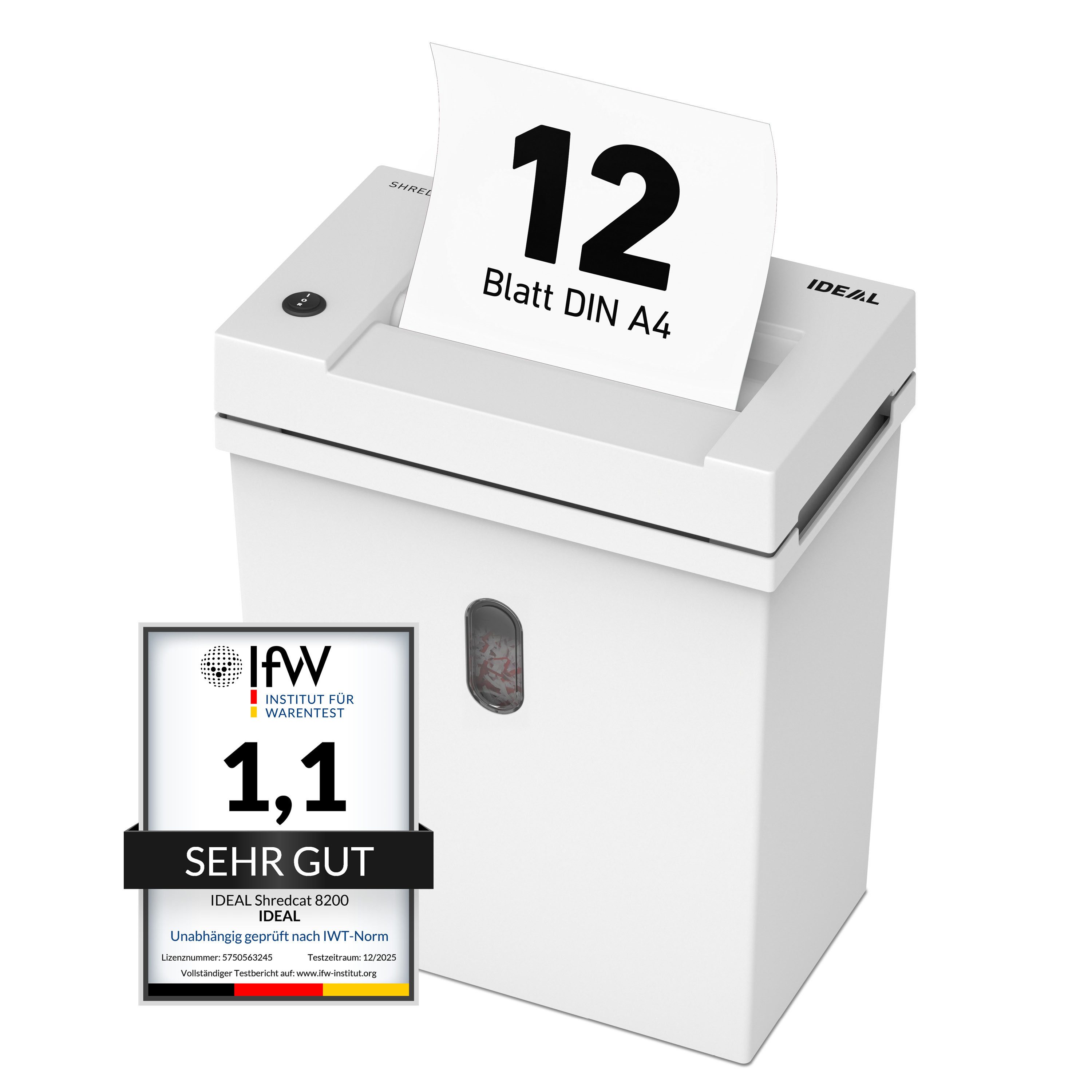 IDEAL Aktenvernichter IDEAL SHREDCAT 8200 CC, 2 x 12 mm Partikelschnitt, Sicherheitsstufe P-5, bis 12 Blatt, 21 l Auffangvolumen, DSGVO-konform