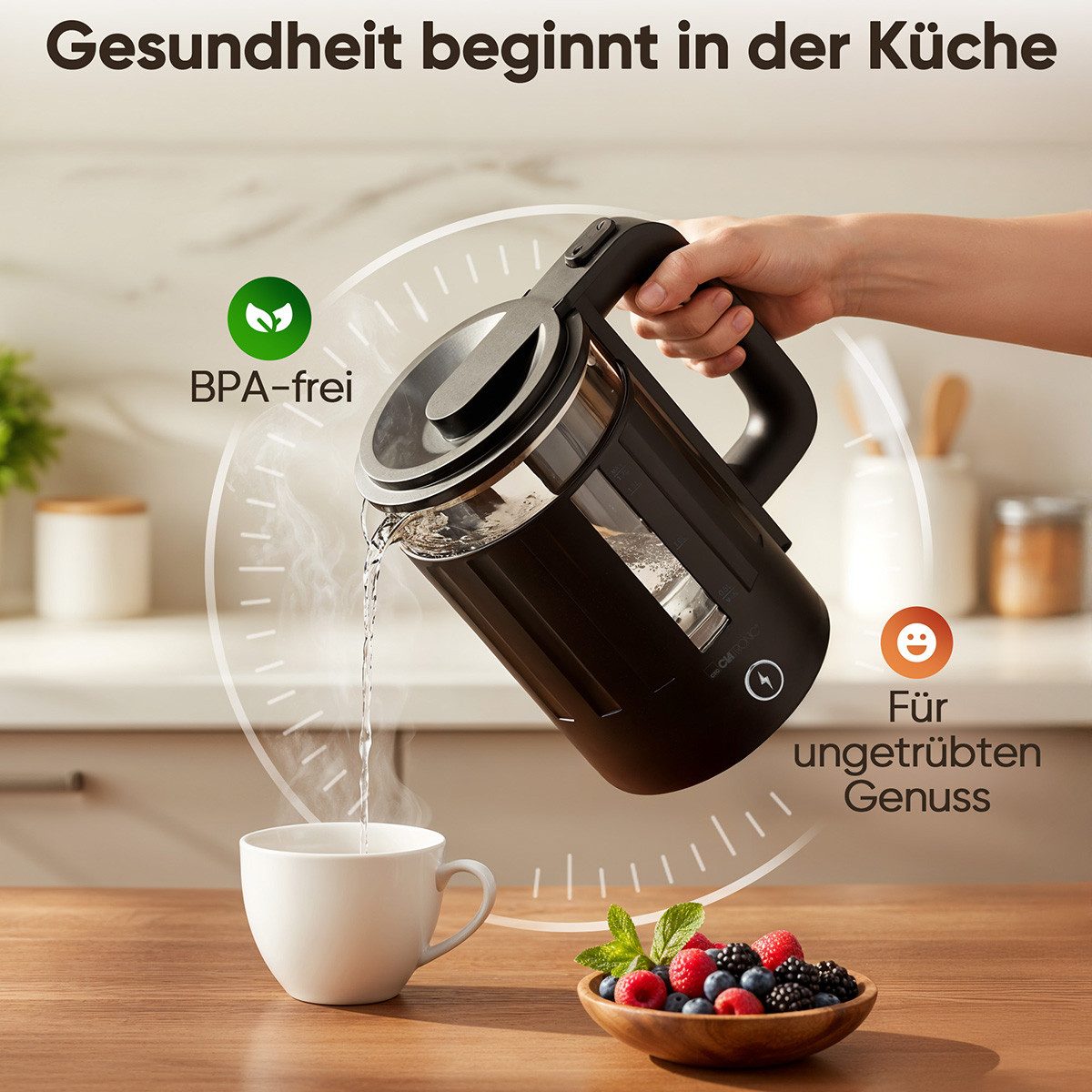 CLATRONIC Wasserkocher WK 3837 G, Wasserkocher Glas, 1,7 Liter