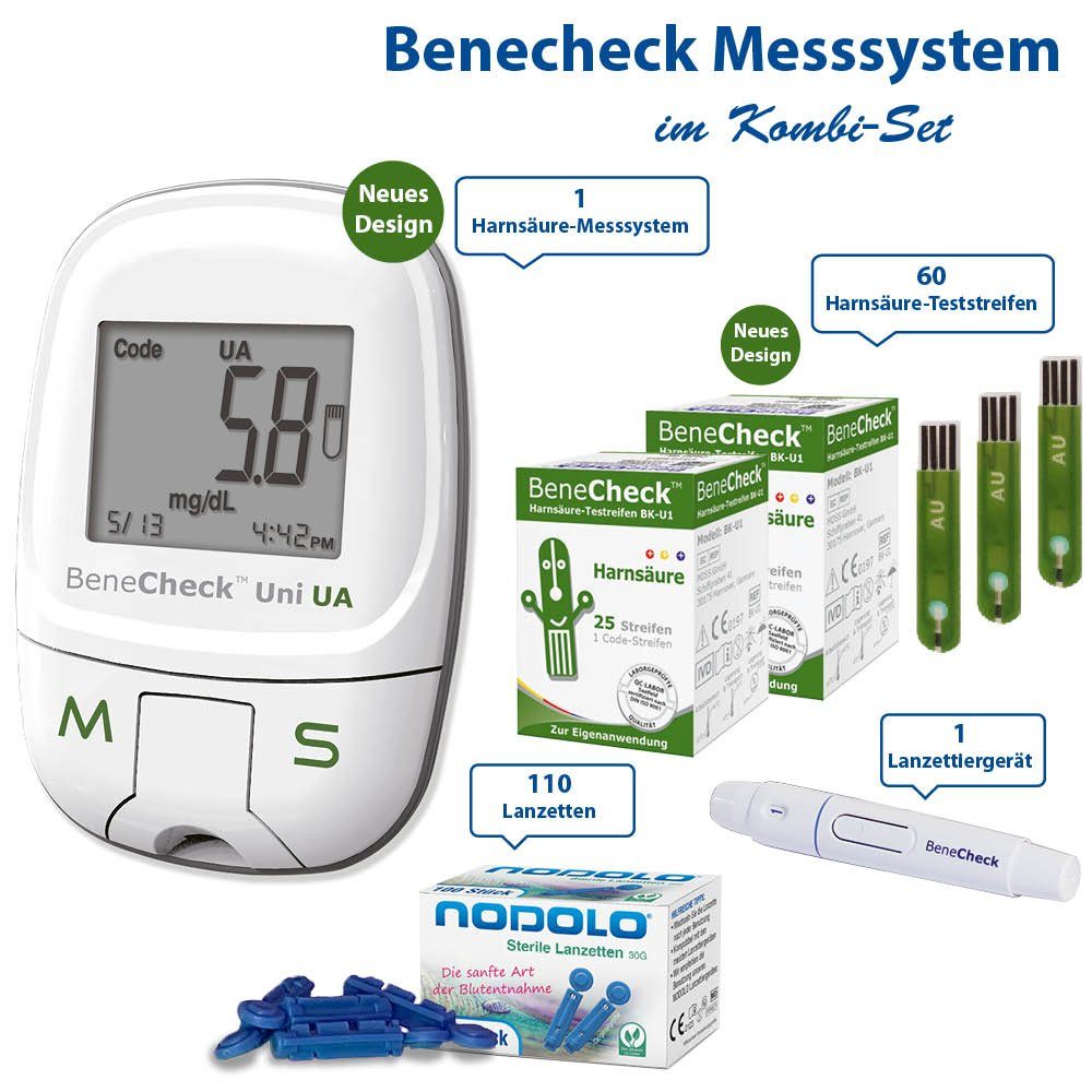 BeneCheck Harnsäure-Messgerät Premium, Harnsäuremessgerät komplettset, Ink. 60 Tetsteifen, 110 Lanzetten und Lanzettiergerät, Gicht Behandlung