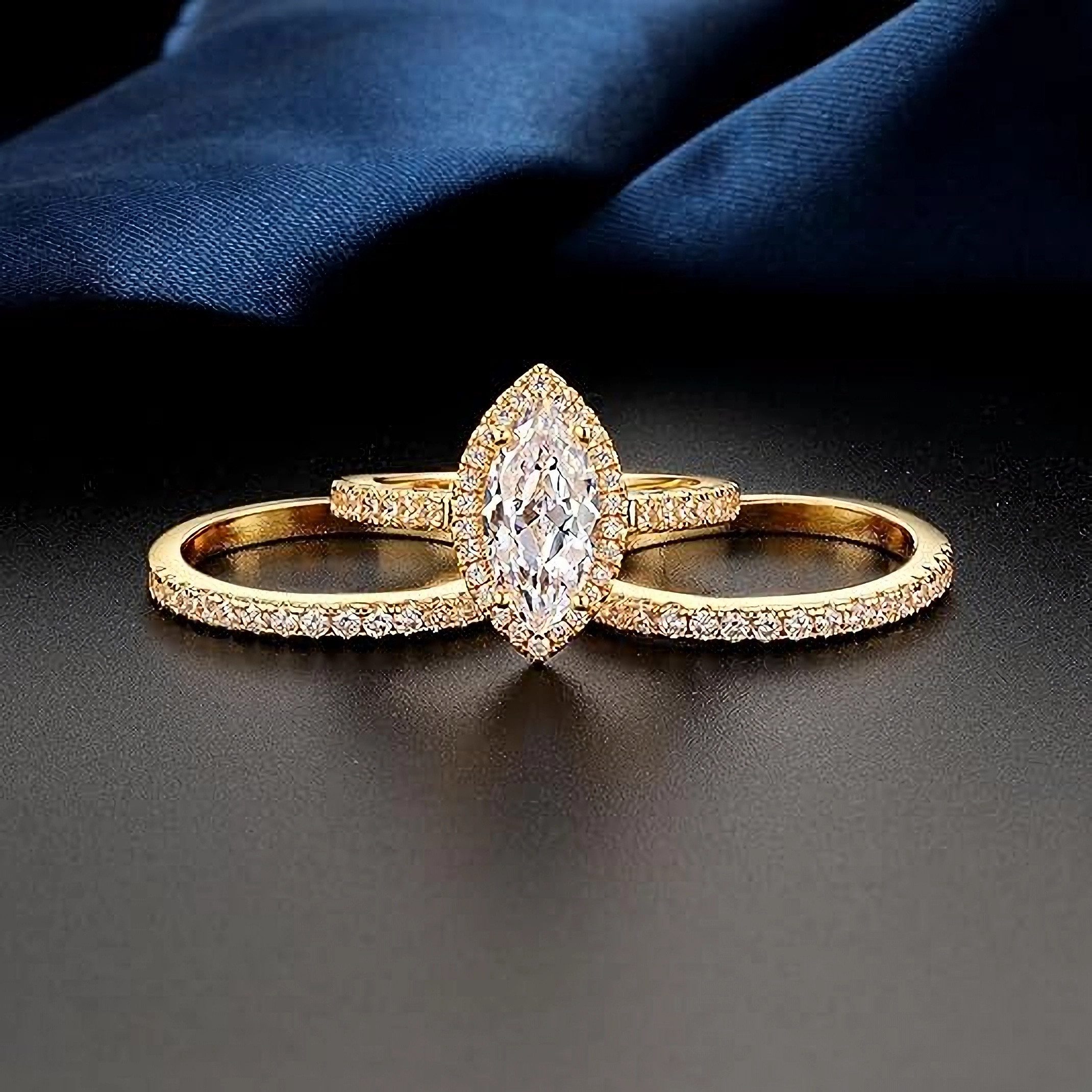 Jumpeak Verlobungsring 14K Gelbgold Dreier-Ring-Design,1,5 Karat Pferdeauge Labordiamant, Brautring Set mit IGI Damenringe, Geburtstags- und Jubiläumsgeschenkek