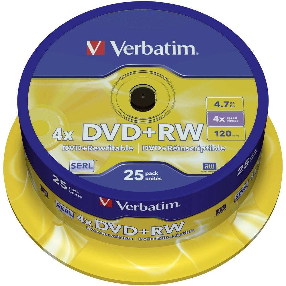 Verbatim DVD-Rohling DVD+RW 4.7 GB 4x 25er Spindel 43489, Wiederbeschreibbar