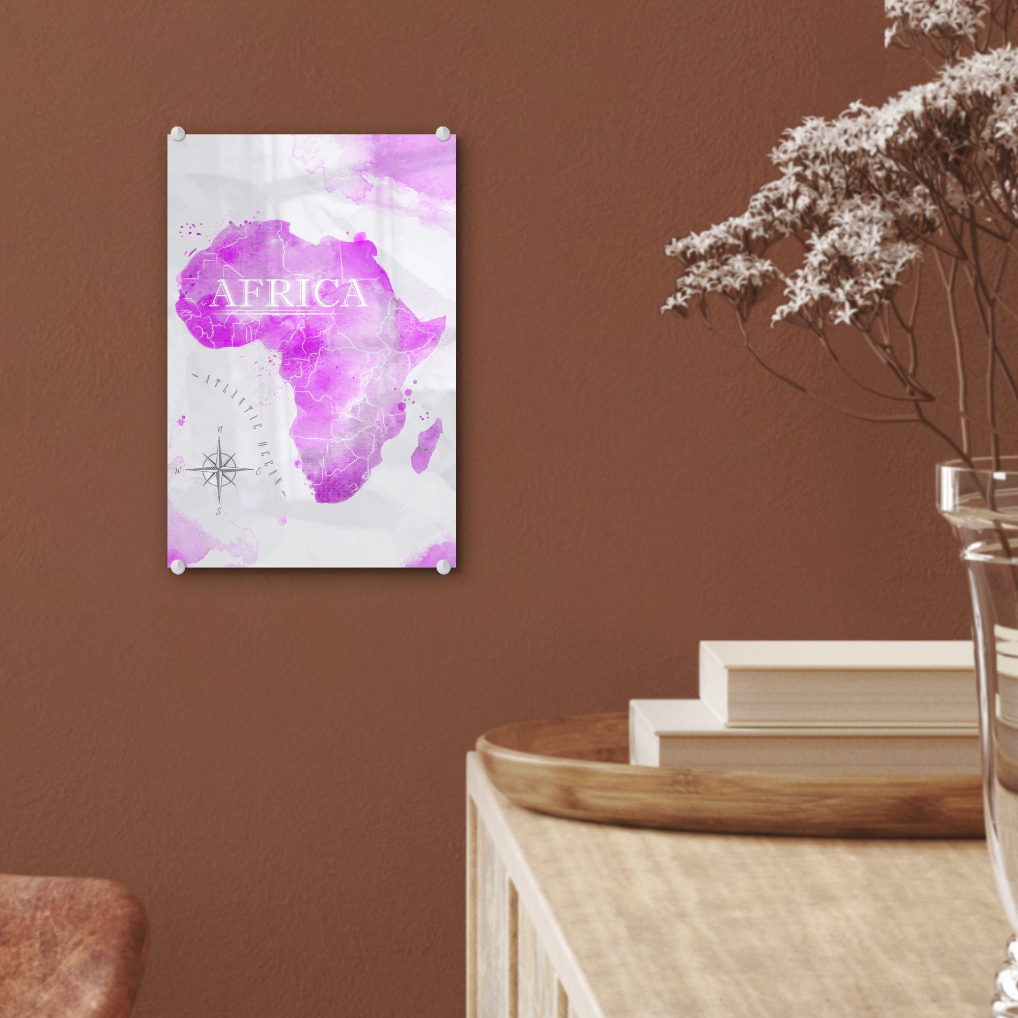 Glas Weltkarte (1 Glas - MuchoWow - Rosa Wandbild Wanddekoration - Afrika, St), Glasbilder auf Foto - Acrylglasbild - auf Bilder