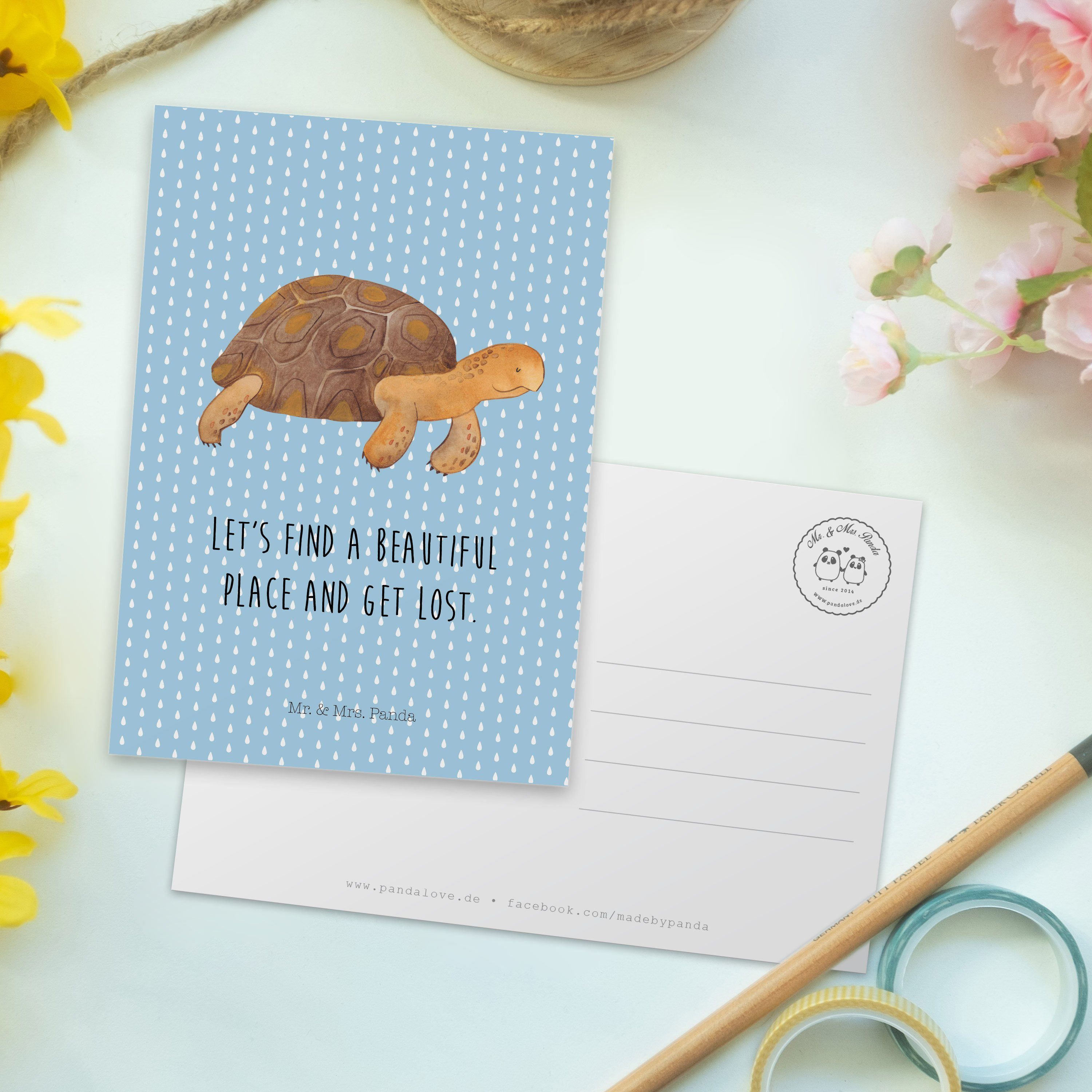 marschiert Panda Mrs. - Meer, Mr. & Schildkröte Schildkröten - Geschenk, Postkarte Blau Pastell