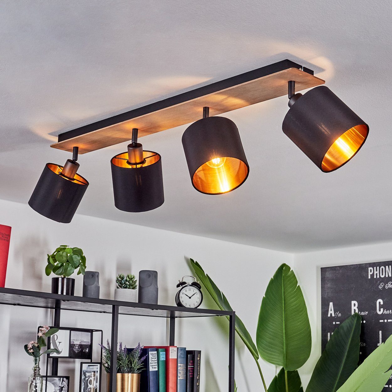 im ohne Schirmen, Dunkelbraun/Schwarz, Leuchte Leuchtmittel, »Costa« mit verstellbaren hofstein 4xE14 Design Deckenleuchte Deckenlampe, Holz/Metall/Stoff, skandinavischen