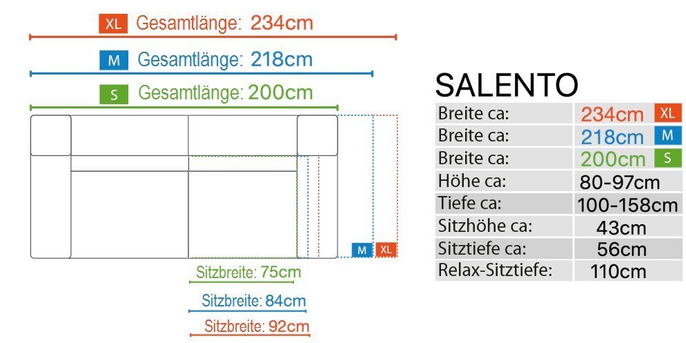Sofanella Sofa Sofa 3-Sitzer SALENTO Stoff XL: Sofanella 234 100 cm Hellbraun x in 