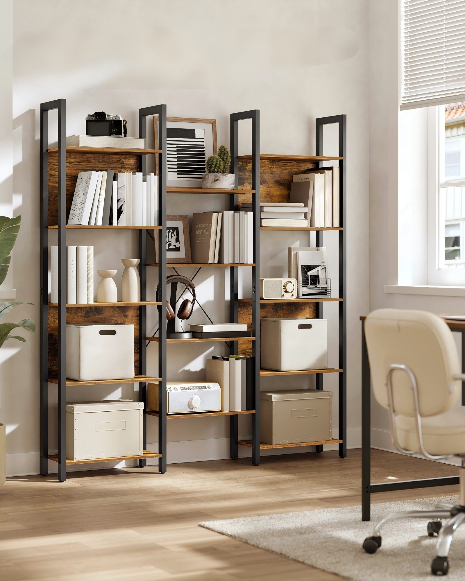 VASAGLE Bücherregal, mit 14 Ablagen, Regal mit Metallrahmen, für Wohnzimmer, Büro