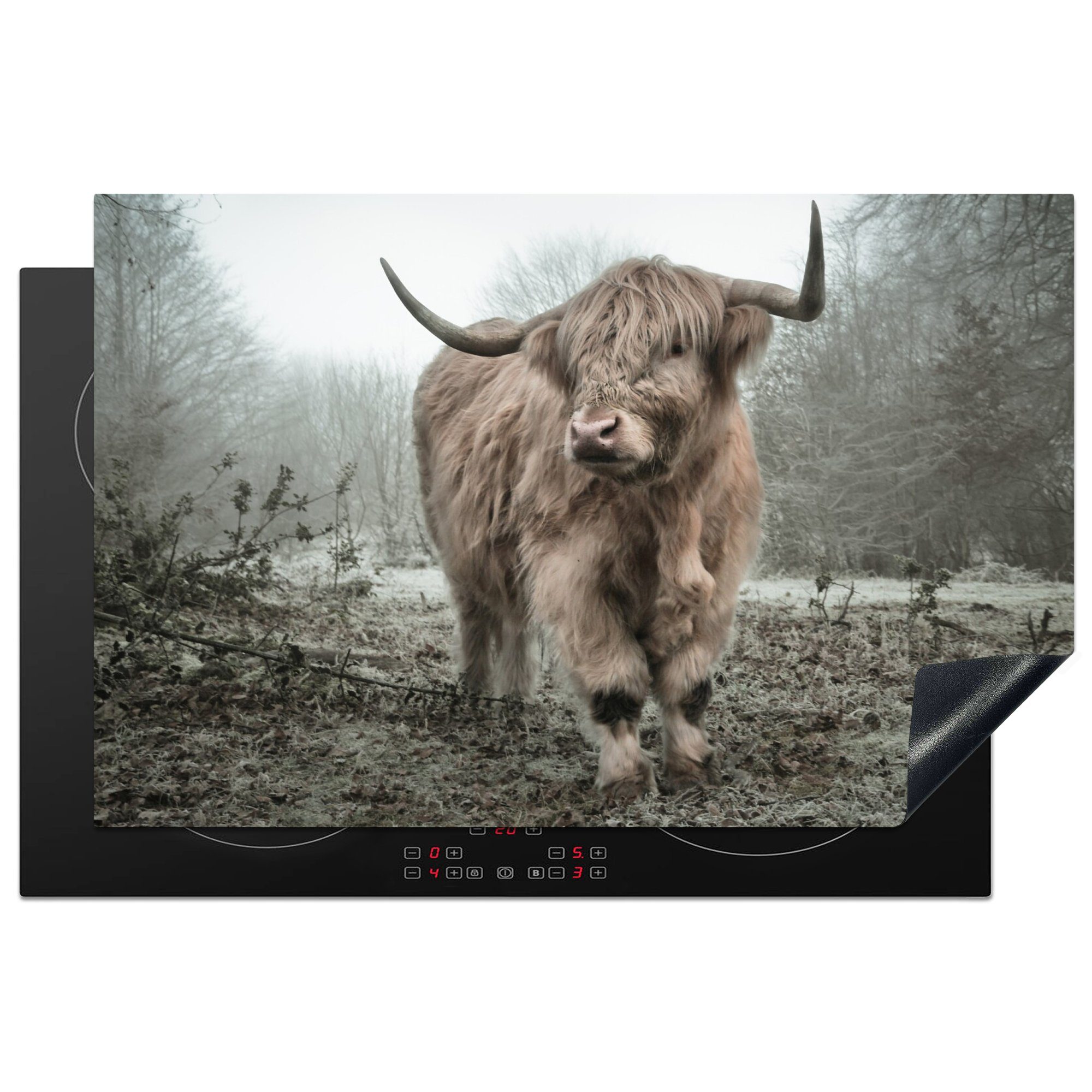 MuchoWow Herdblende-/Abdeckplatte Schottischer Highlander - Wald - Nebel - Kuh - Tiere - Natur, Vinyl, (1 tlg), 81x52 cm, Induktionskochfeld Schutz für die küche, Ceranfeldabdeckung