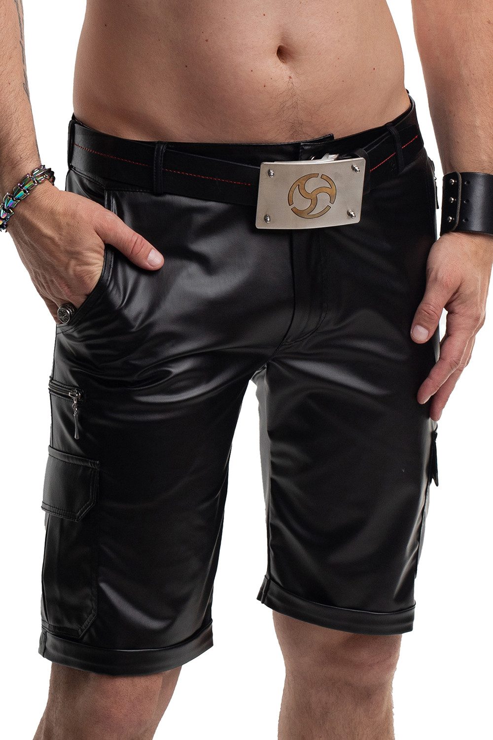Regnes Fetish Planet Lederimitathose Herren Cargo Shorts schwarz kurze Hose mit Reißverschlüssen und Tasche
