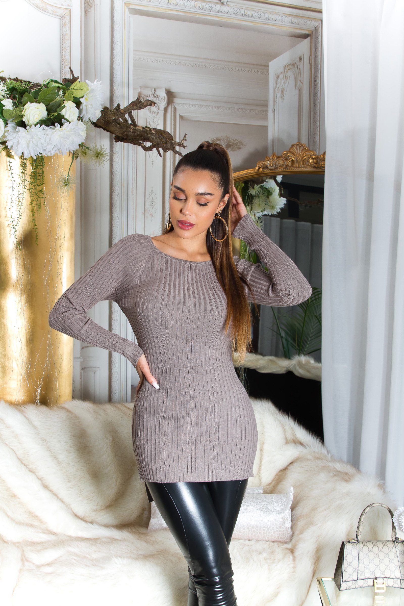 Strickpullover Pullover High-Low gerippter cappuccino Koucla