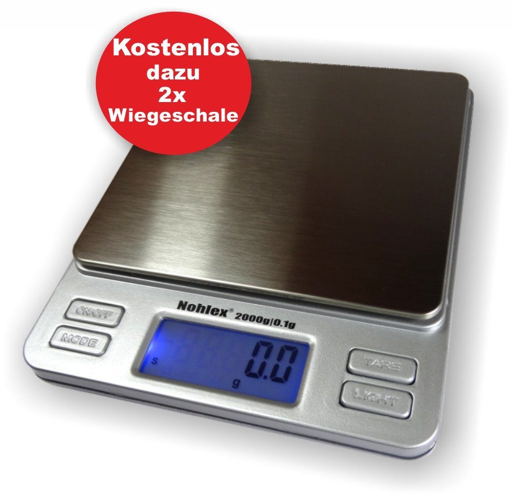 NOHLEX Küchenwaage Nohlex 2000g/0.1g Feinwaage Inkl. mit die Küche 2 Batterien, Plattform. Funktion. Edelstahl Tara Wiegeschalen. Display LCD für