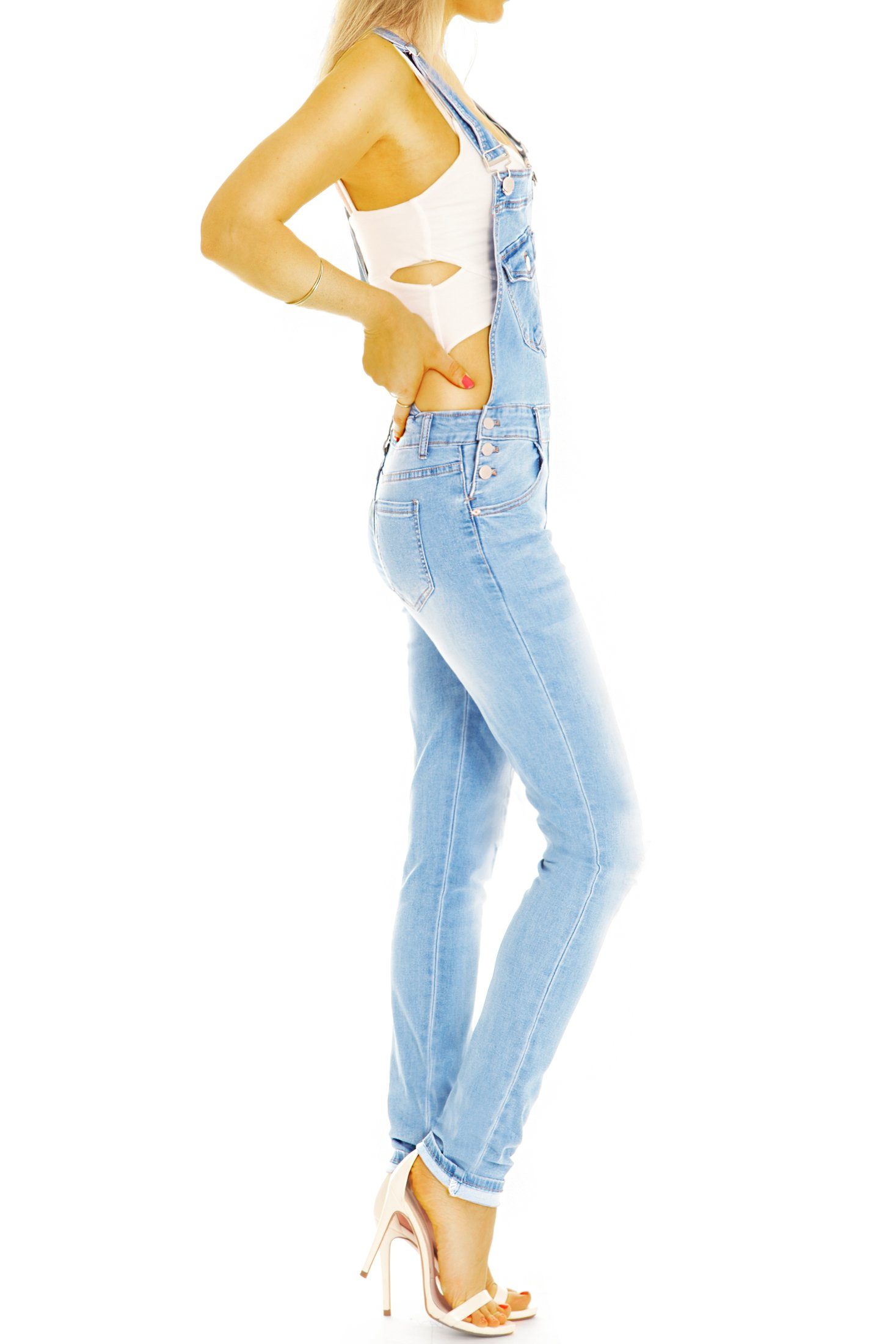 be mit styled Latzhose Overall Jeanslatzhose - Stretch-Anteil, fit - Damen j20g Jeans hellblau 5-Pocket-Style skinny bequemer in