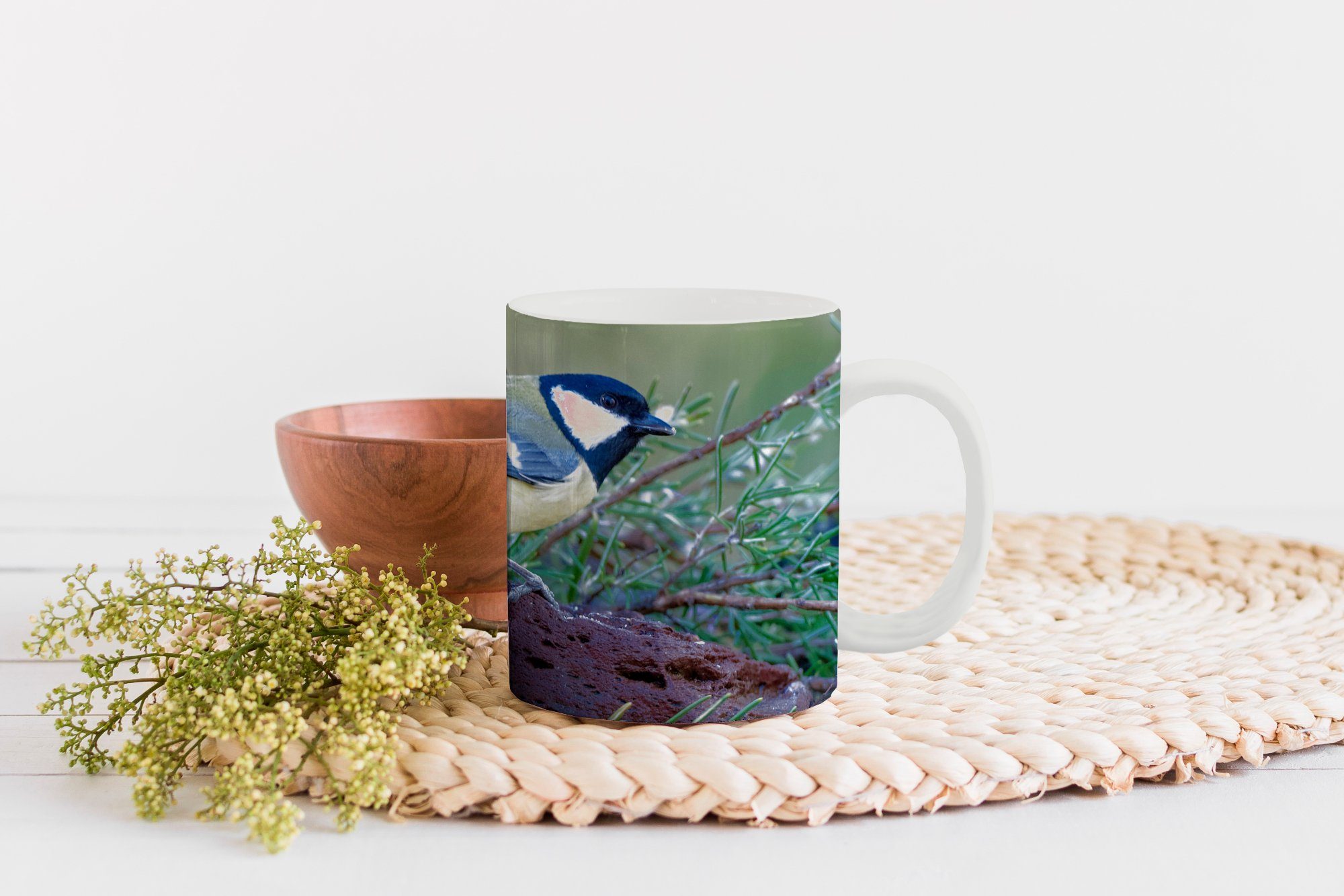 im Teetasse, Wasser Geschenk Eine Tasse Keramik, MuchoWow Becher, Teetasse, Kohlmeise Gras, und Kaffeetassen, am sitzt