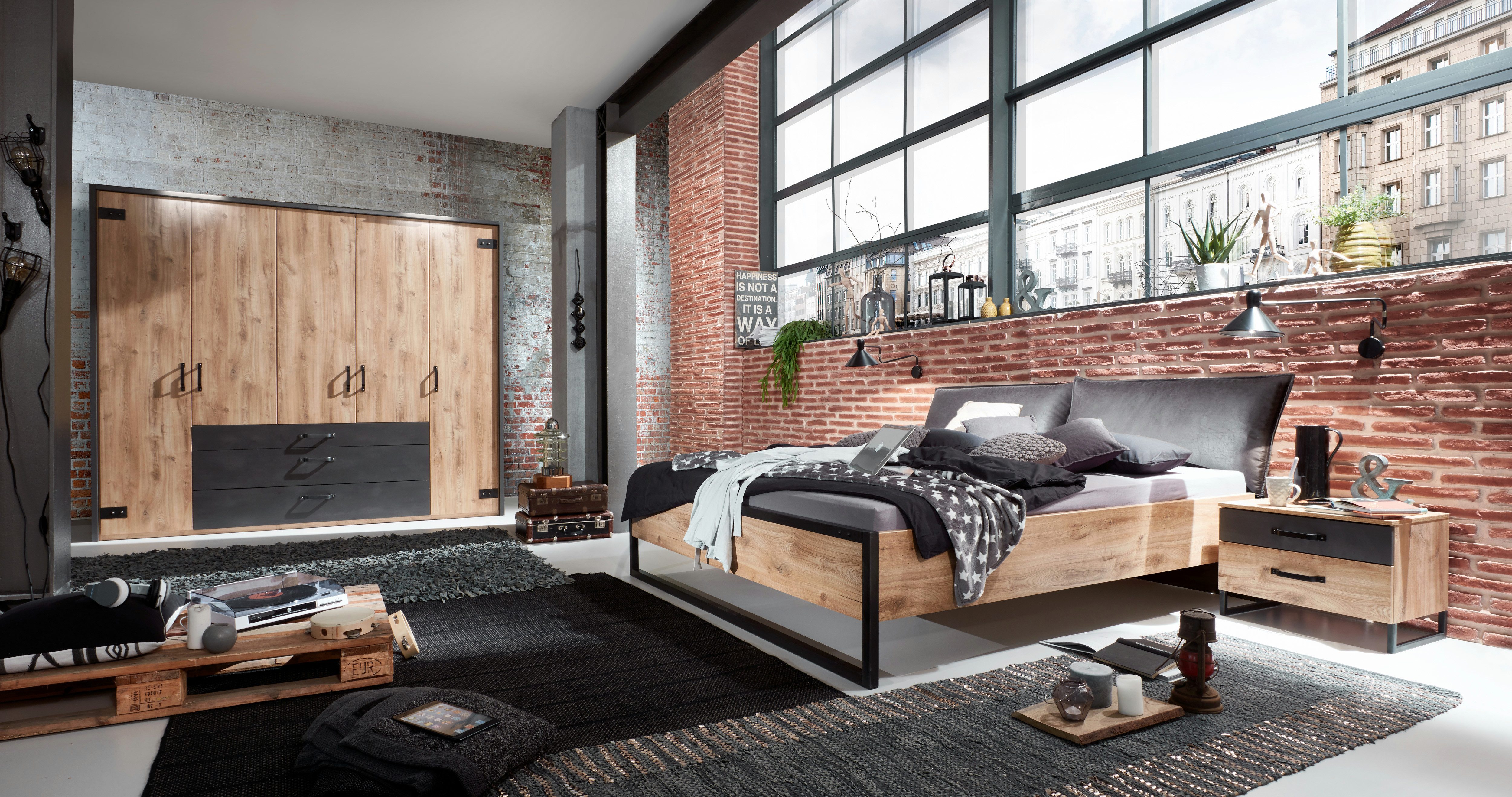 möbel-direkt.de Komplettschlafzimmer Detroit mit Drehtürenschrank in Plankeneiche und Raw Steel Grau, (Komplett Set, 5-tlg., in verschiedenen Varianten wählbar), Industrieoptik, Spiegel