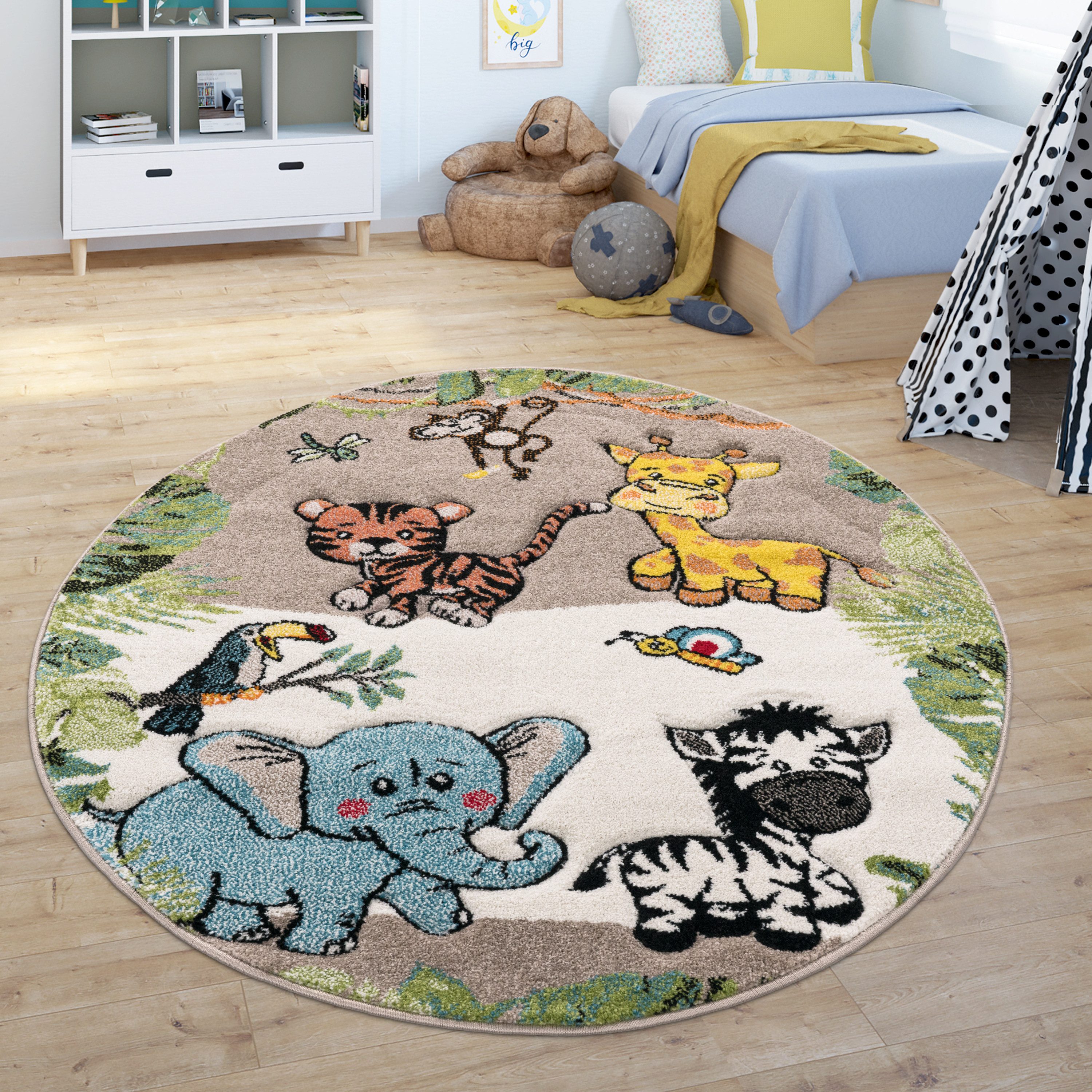 Paco Home Kinderteppich Diamond 644, rund, Höhe: 18 mm, Kurzflor, 3D-Design, Motiv Dschungel Tiere, Kinderzimmer