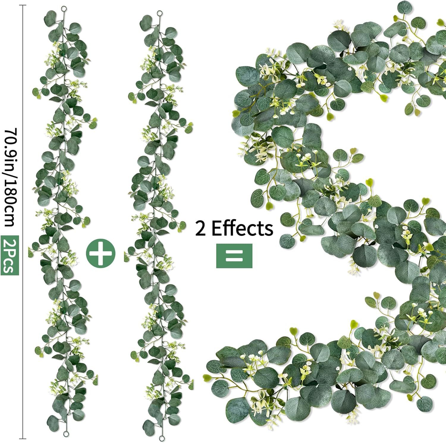 Kunstranke 2 Stück Eukalyptus Girlande, Künstliche Girlande Pflanze 1,8m Hängend, wohnTRAUM24, mit Weiße Blumen Silberdollar Eukalyptusranke für Hintergrund Hochzeit