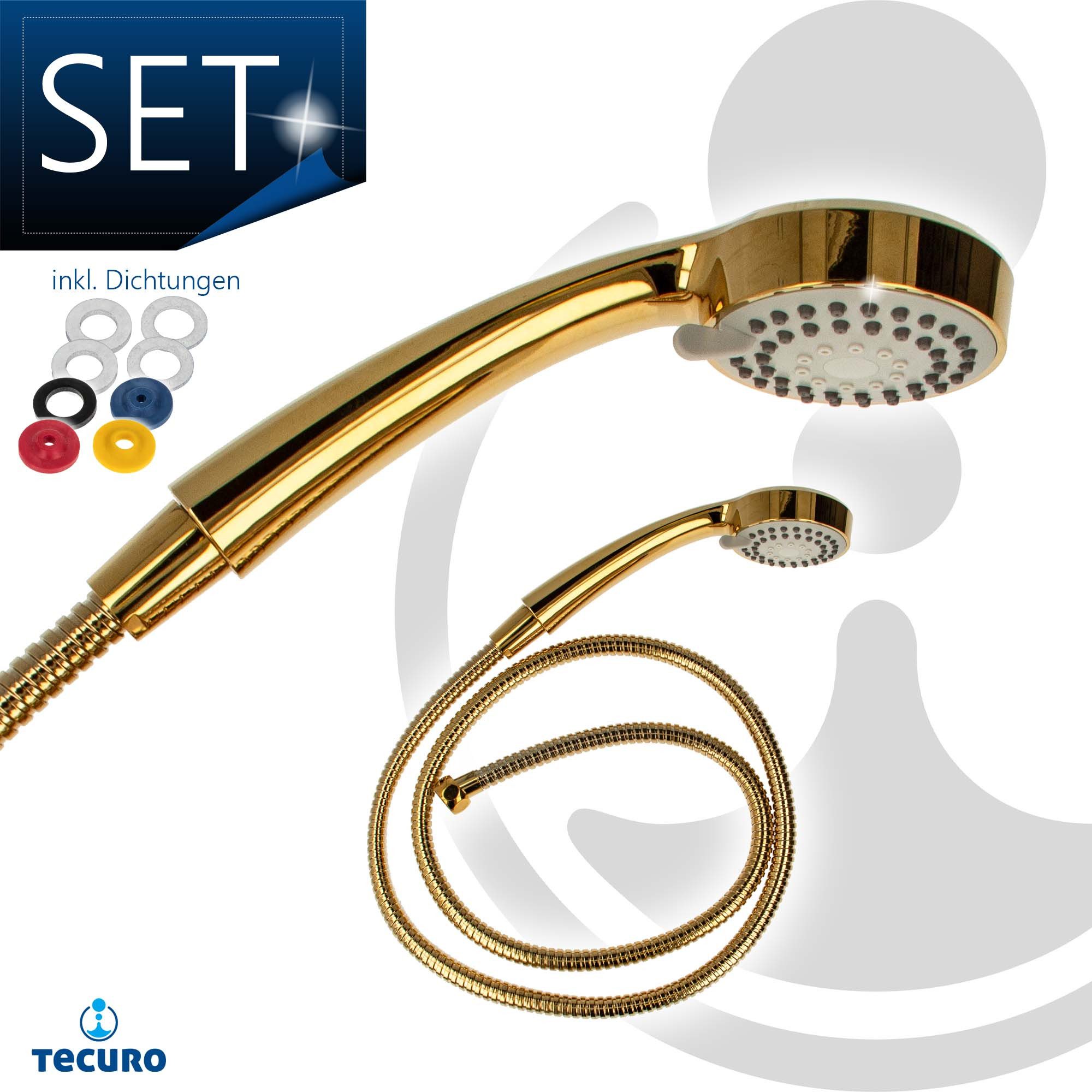 tecuro Brausegarnitur Antikalk - Handbrause ew-080 gold - mit 3-Funktionen, Metallschlauch
