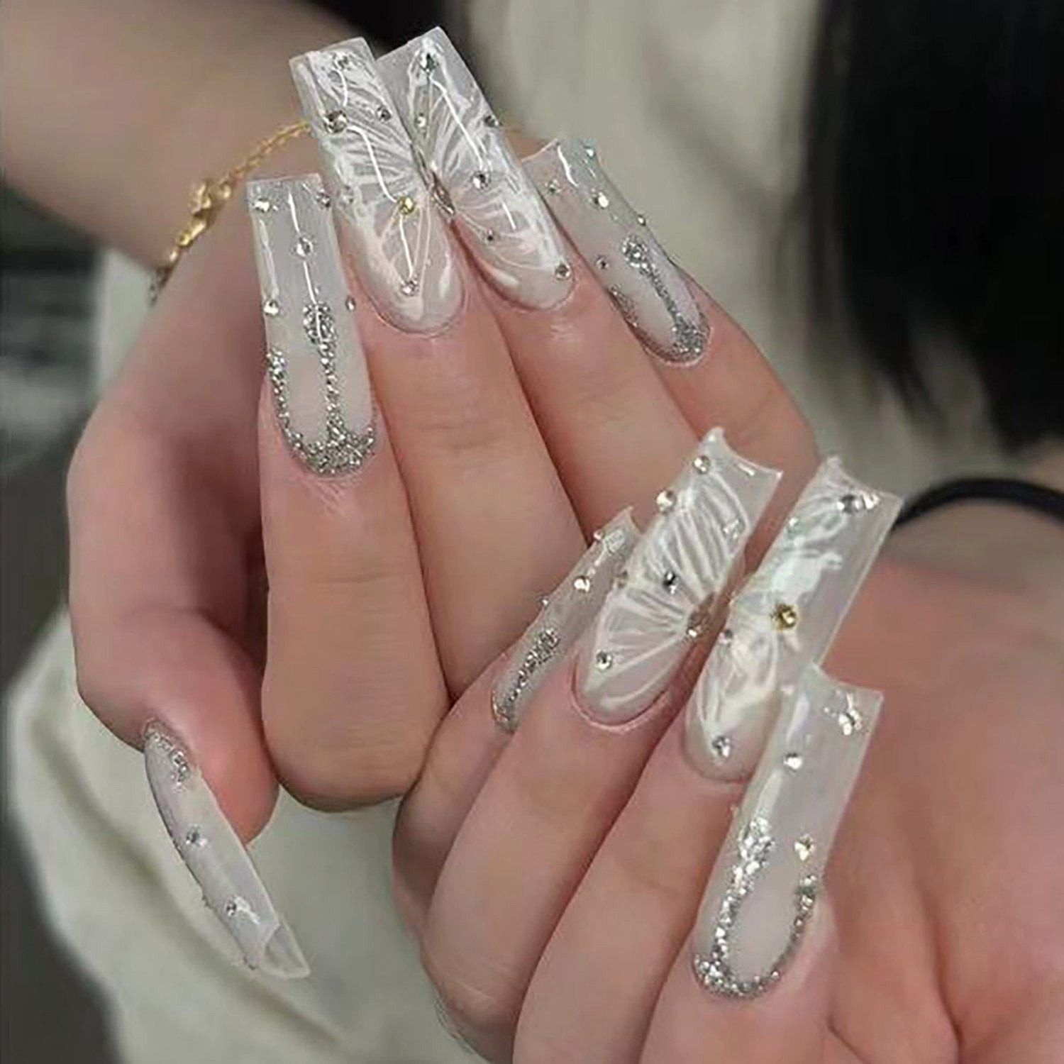 YRIIOMO Kunstfingernägel Lange Wasserpfeifennägel, Schmetterlingsnägel, Diamant-Glitzerpulver, künstliche Nägel